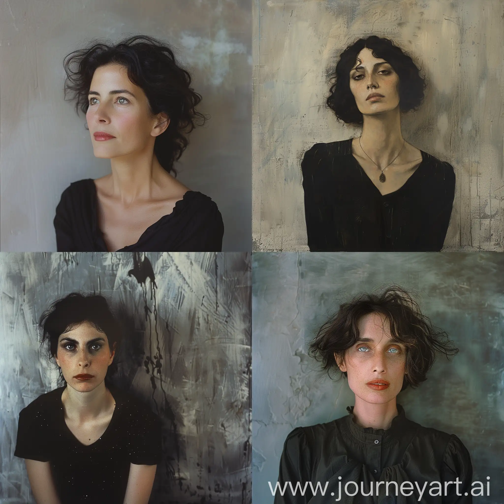 Intimate photographic portrait of an attractive 40 years old Spanish woman, in front of a flat wall, playful hair, peaceful and joyful expression, deep and captivating eyes, looking at camera, eye contact, summer gentle light, cinematic style, shot with Fujicolor Pro 400H::3 by Romaine Brooks::3
