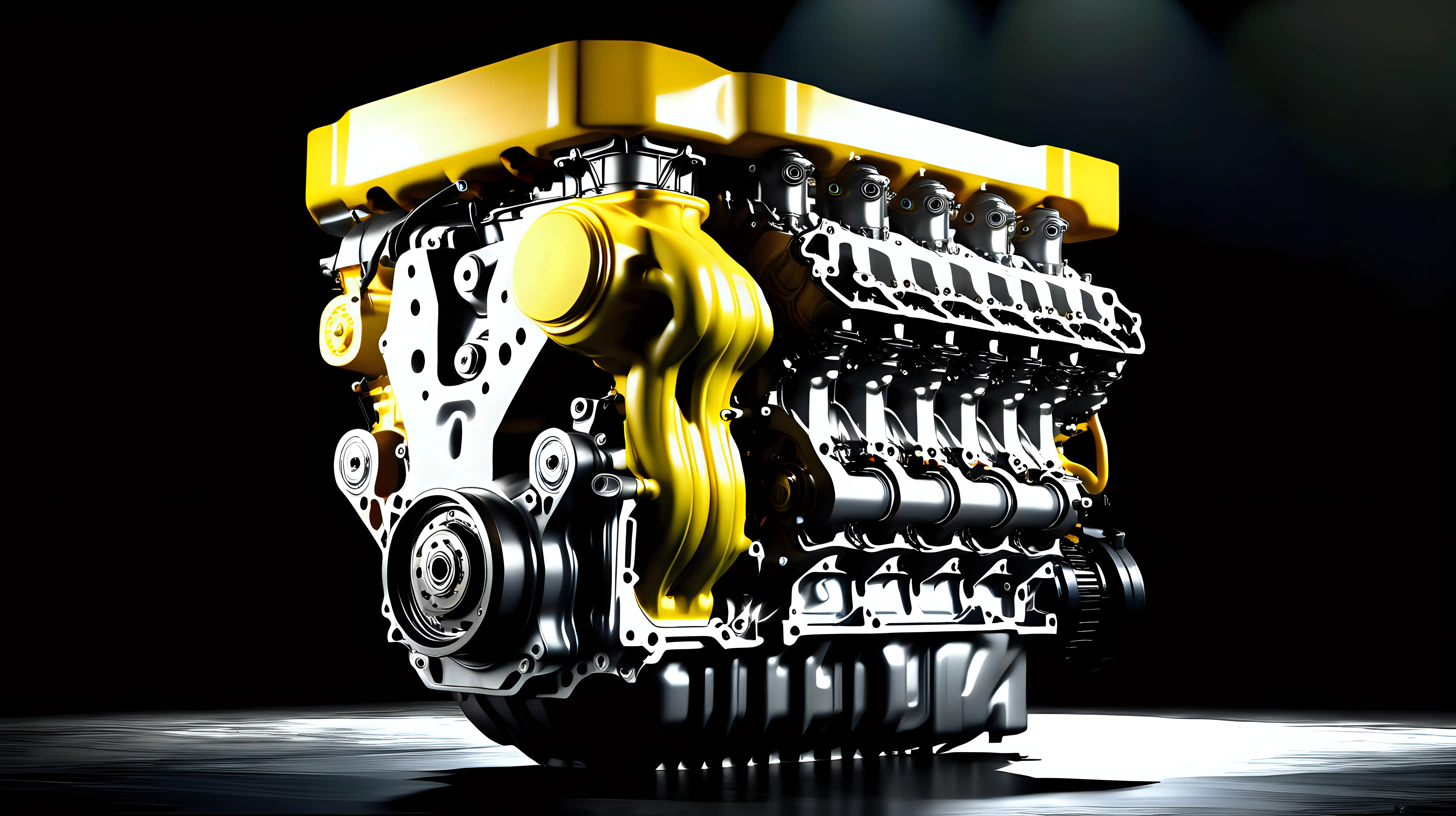 A huge new next gen car engine, on a dark stage waiting to be revealed, with a touch of yellow, to make it conspicous, make it a secondary image. Please note, no car, just engine
