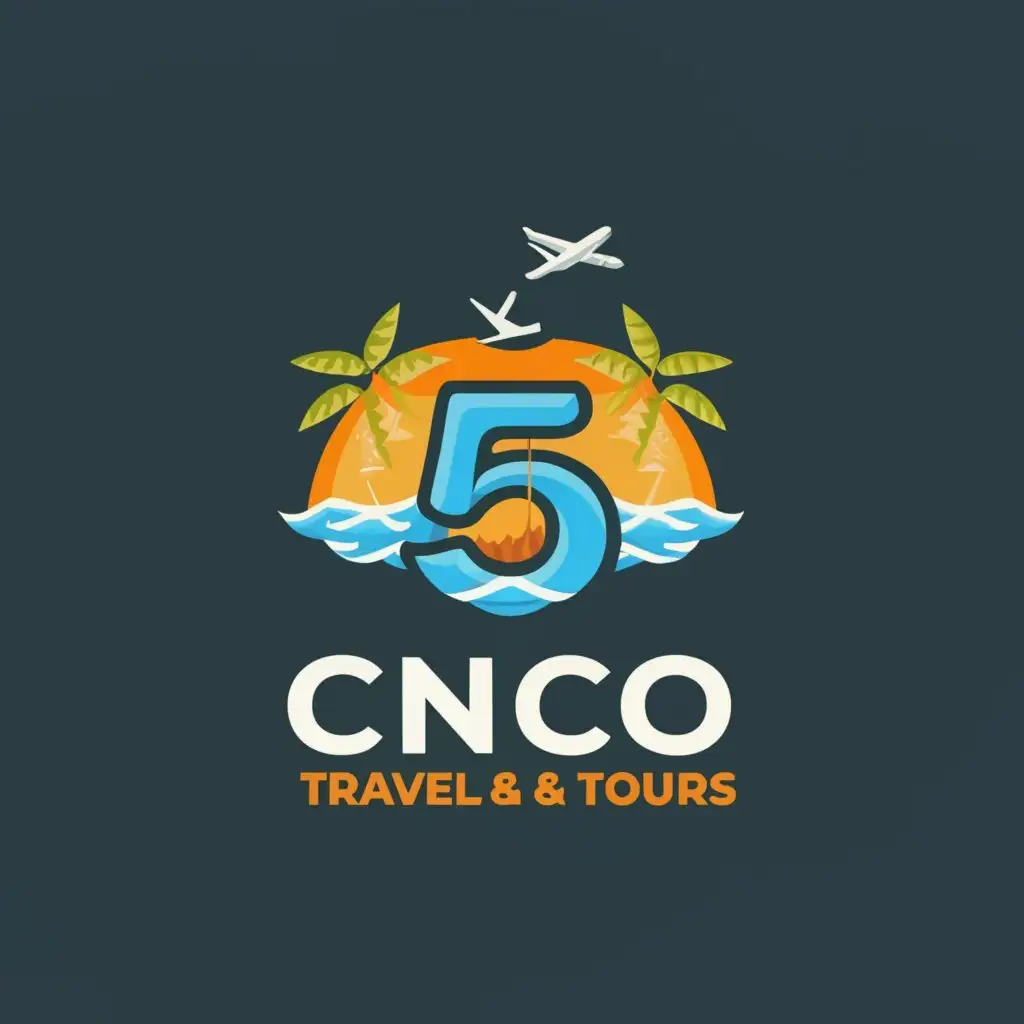 a logo design,with the text "Cinco travel and tour", main symbol:Number 5 with boat airplanes nature beach island lagoons activity,Moderate,be used in Travel industry,clear background