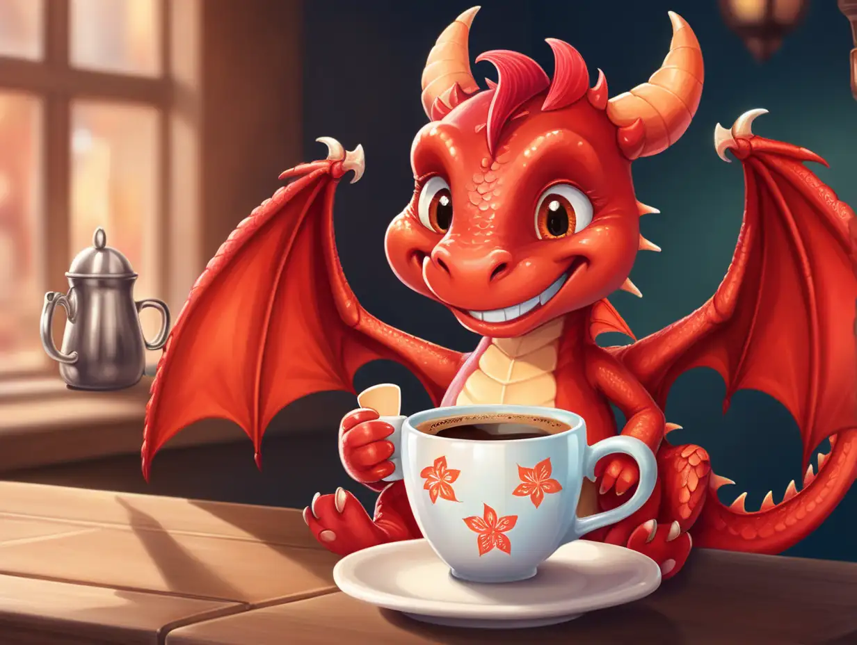 a sweet, smiling, little red dragon  drinking coffee
