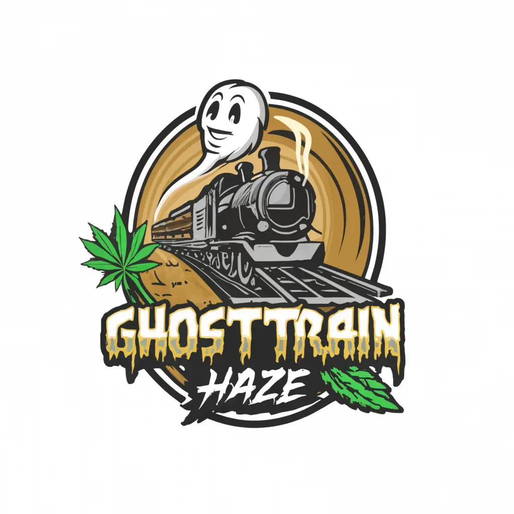 a logo design,with the text "Ghost-Train-Haze", main symbol:Ghost , Train , weed , comic style,Moderate,clear background