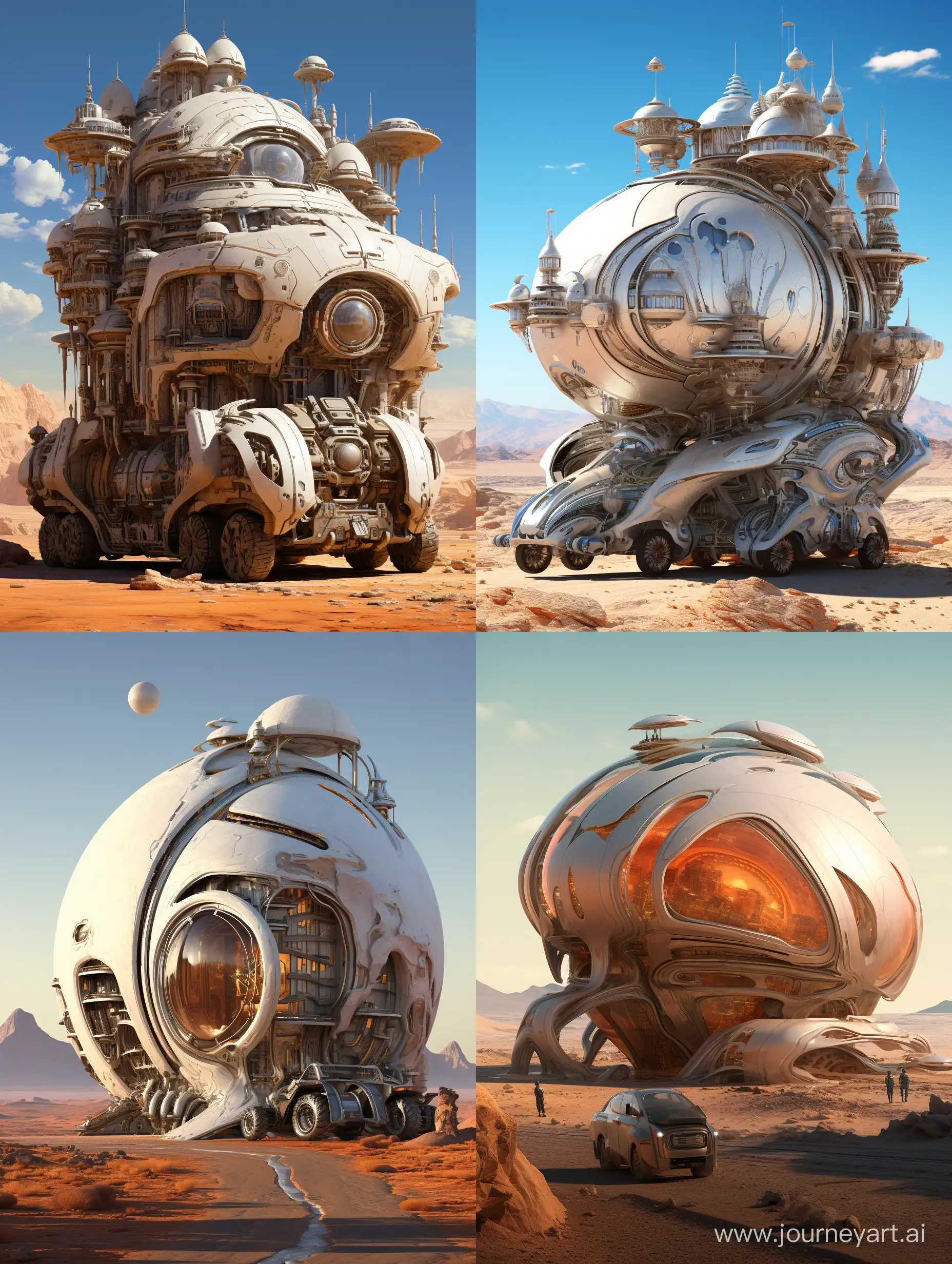 The image features a futuristic vehicle with multiple wheels and an intricate design, resembling a spaceship or a robotic creature. The vehicle is parked on the road in front of a building, showcasing its impressive structure. The scene appears to be set in a desert-like environment, adding to the sense of adventure and exploration associated with this unique vehicle.