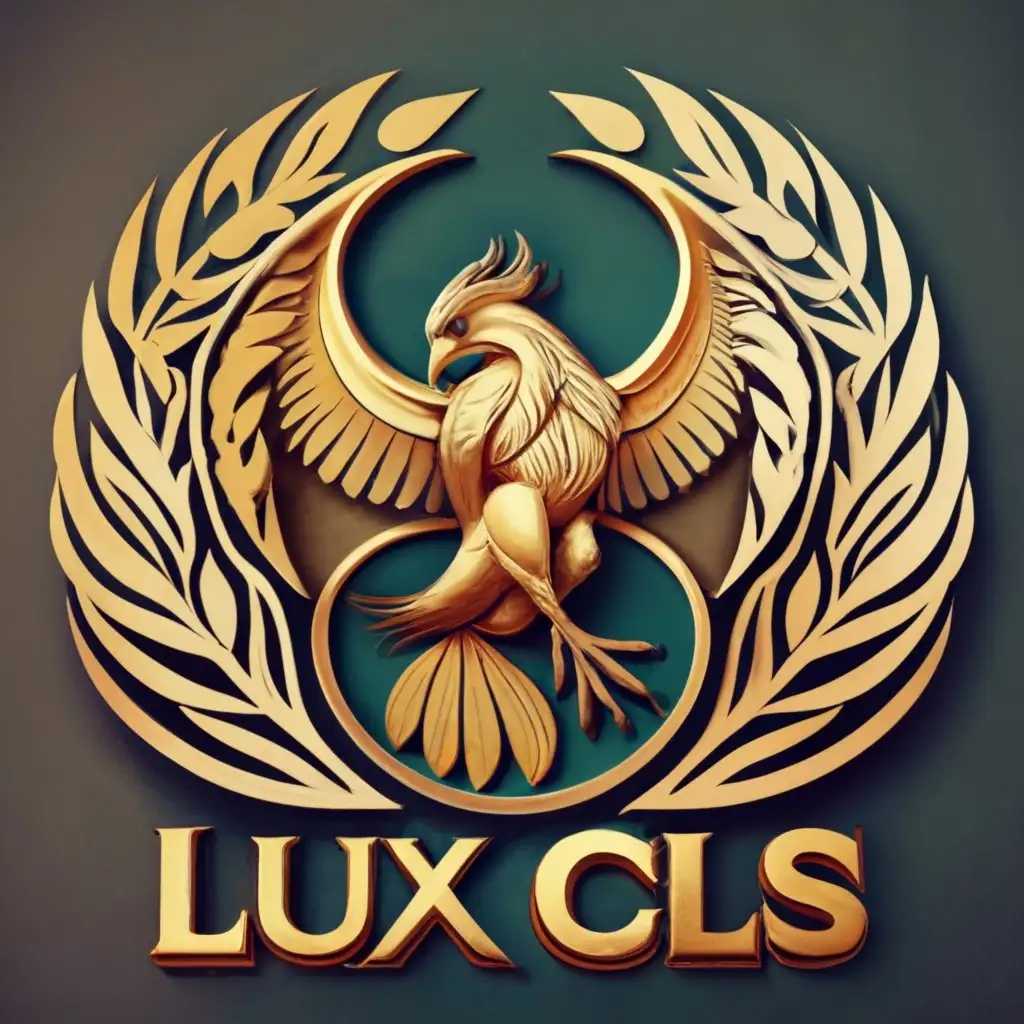 logo, Detailed 3D Phoenix bird black and gold, nazi style, roman leaves, text "LUX CLS" black and gold 3D, with the text "LUX CLS", typography