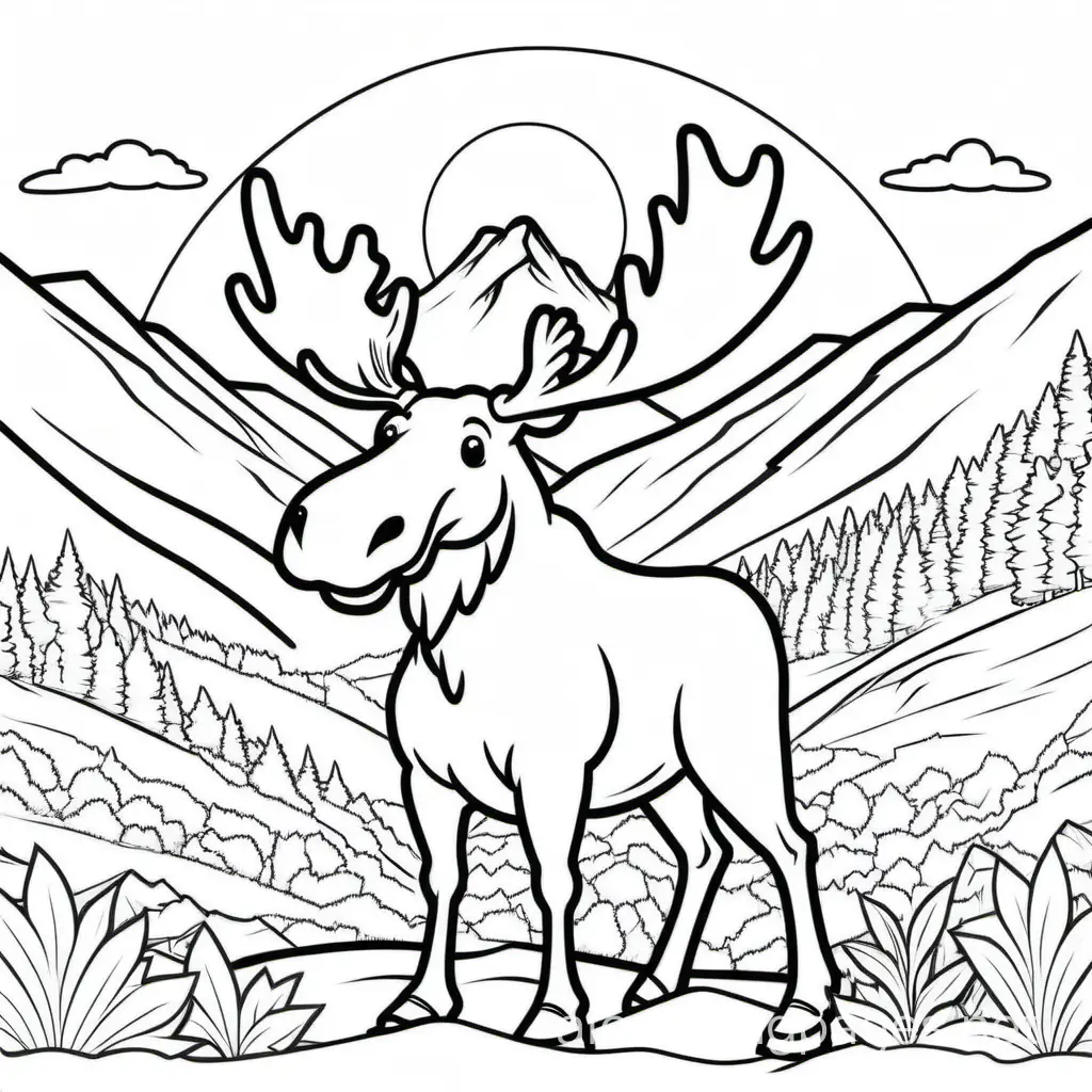 Cheerful-Moose-Coloring-Page-New-Hampshire-Mountains-Scene