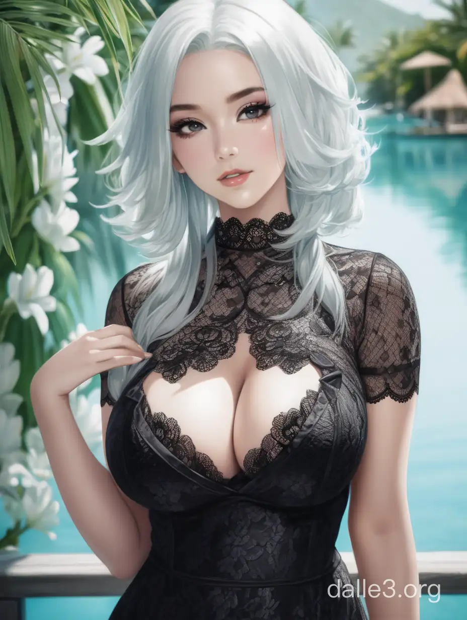 beautiful busty girl in a black lace dress, with white hair, paradise enjoyment