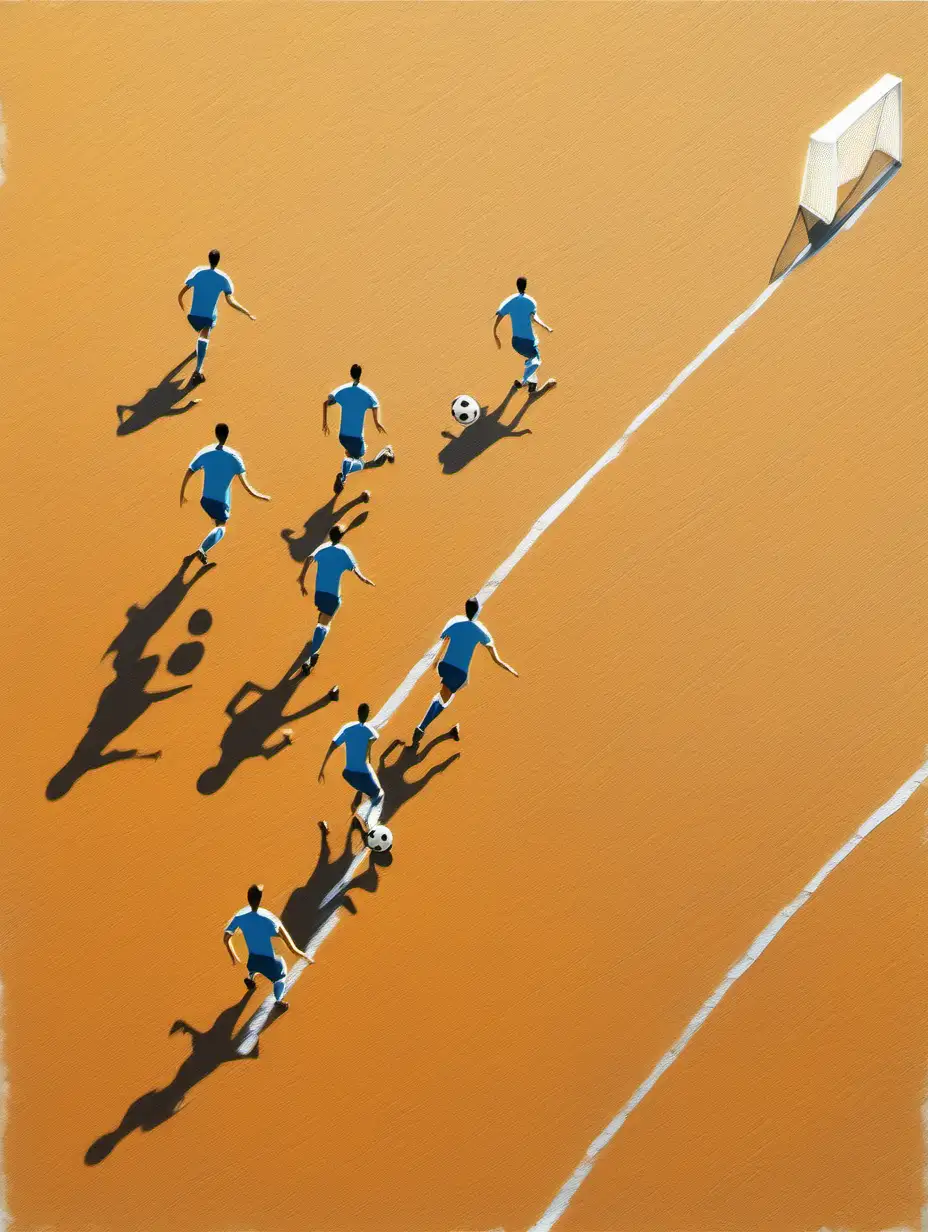 satellite view, minimal painting, 1 soccer player with ball, 5 soccer players chasing, on field, fun. Italy vs Argentina, long shadows,  