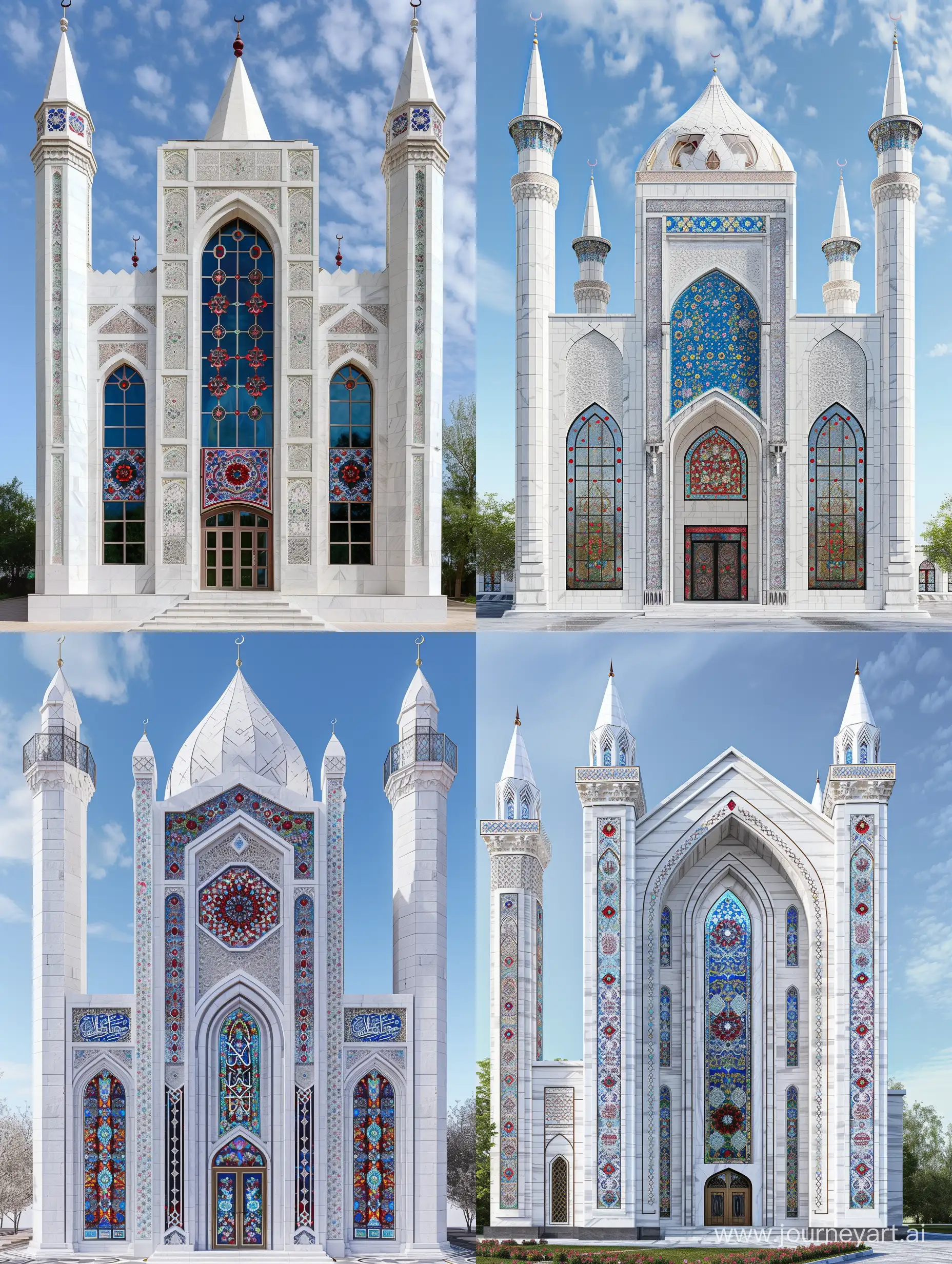 an Uzbekistan style mosque, White marbled exterior, tall iwan, stained glass windows, red blue persian floral motifs on spandrels, red blue gems and rubies embedded on arabesque ornaments, thin spires, full view, front view