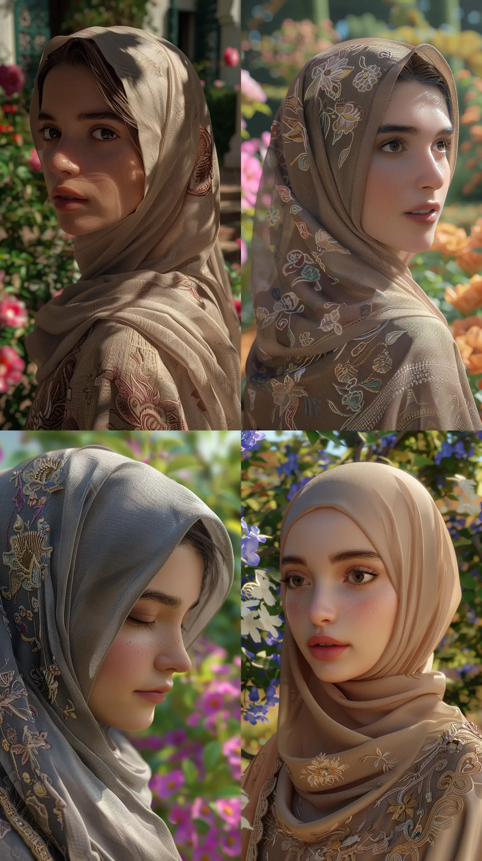 Closeup Middle Eastern princess in hijab at a garden 3D, photorealistic, 8k, natural lighting, HDR, high resolution, shot on IMAX Laser, textures, in the style of samyang af 14mm f/2.8, intricate details --ar 9:16