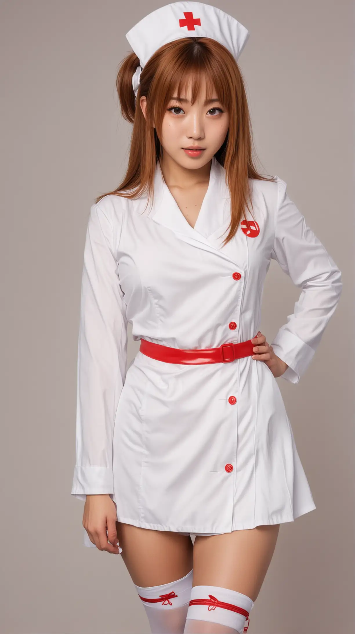 Fullbody japanese girl with caramel-colored medium length hair, freckles and huge amber eyes posing in sexy nurse costume
