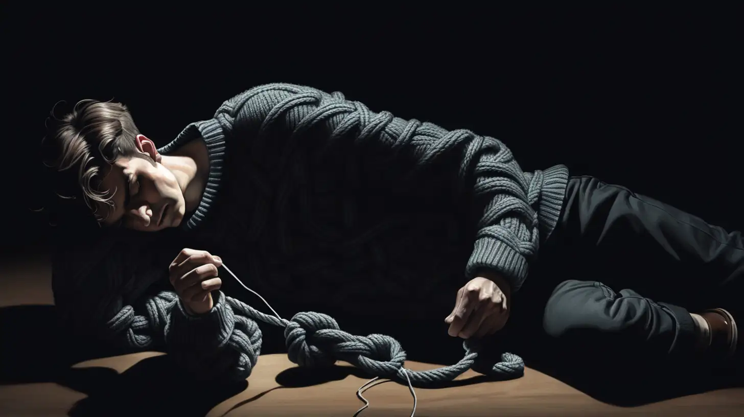 Darkness Unraveled Man Tying a Knot in Sweater