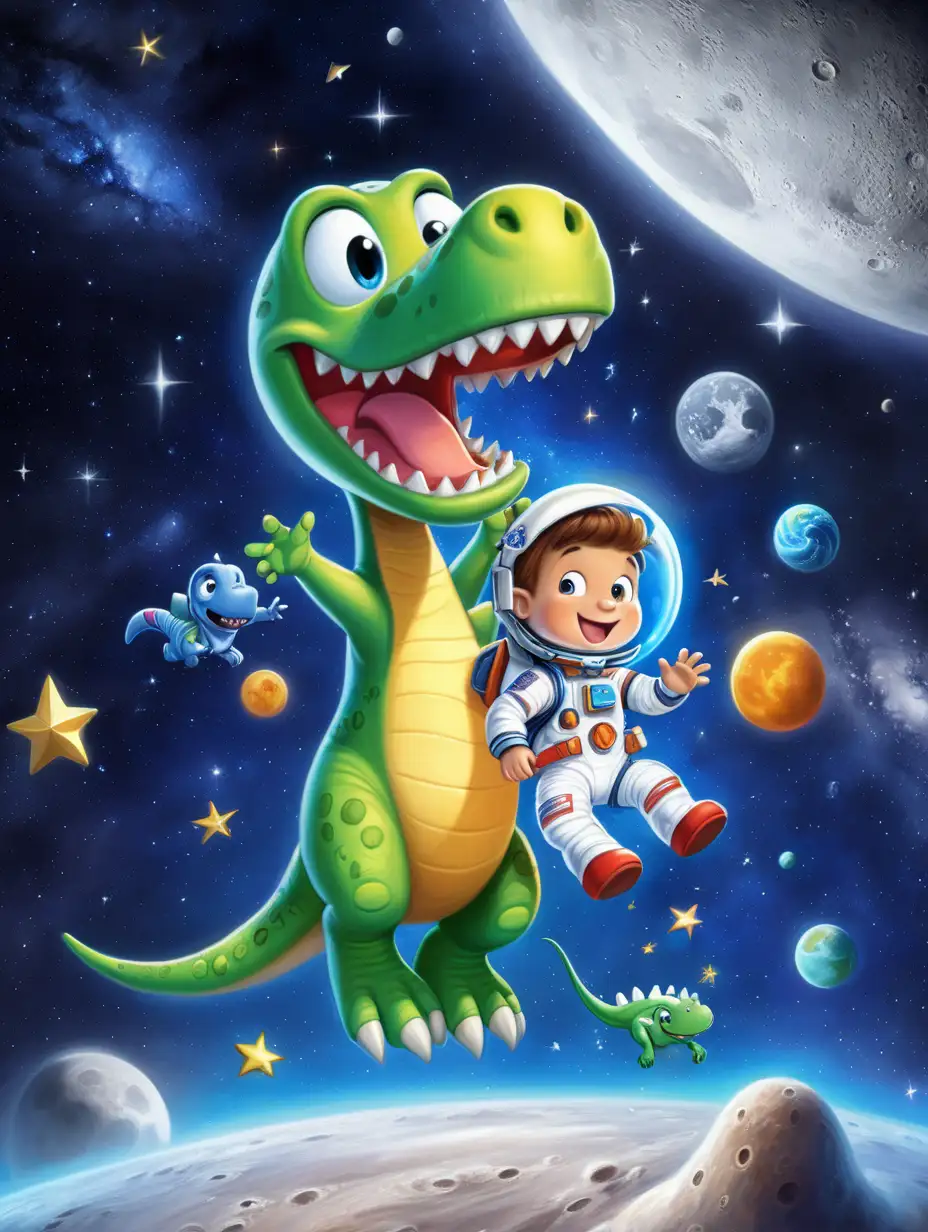 Adventurous Space Journey Tommy and Dinosaur Friend Explore Zero Gravity and Moon
