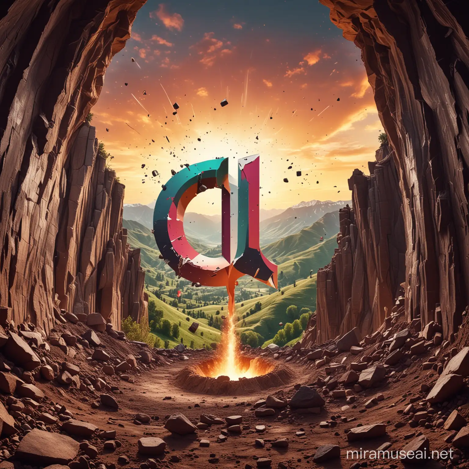 make tiktok logo coming out from a hole in the valley rising to the top with explosion effect behind and around the logo