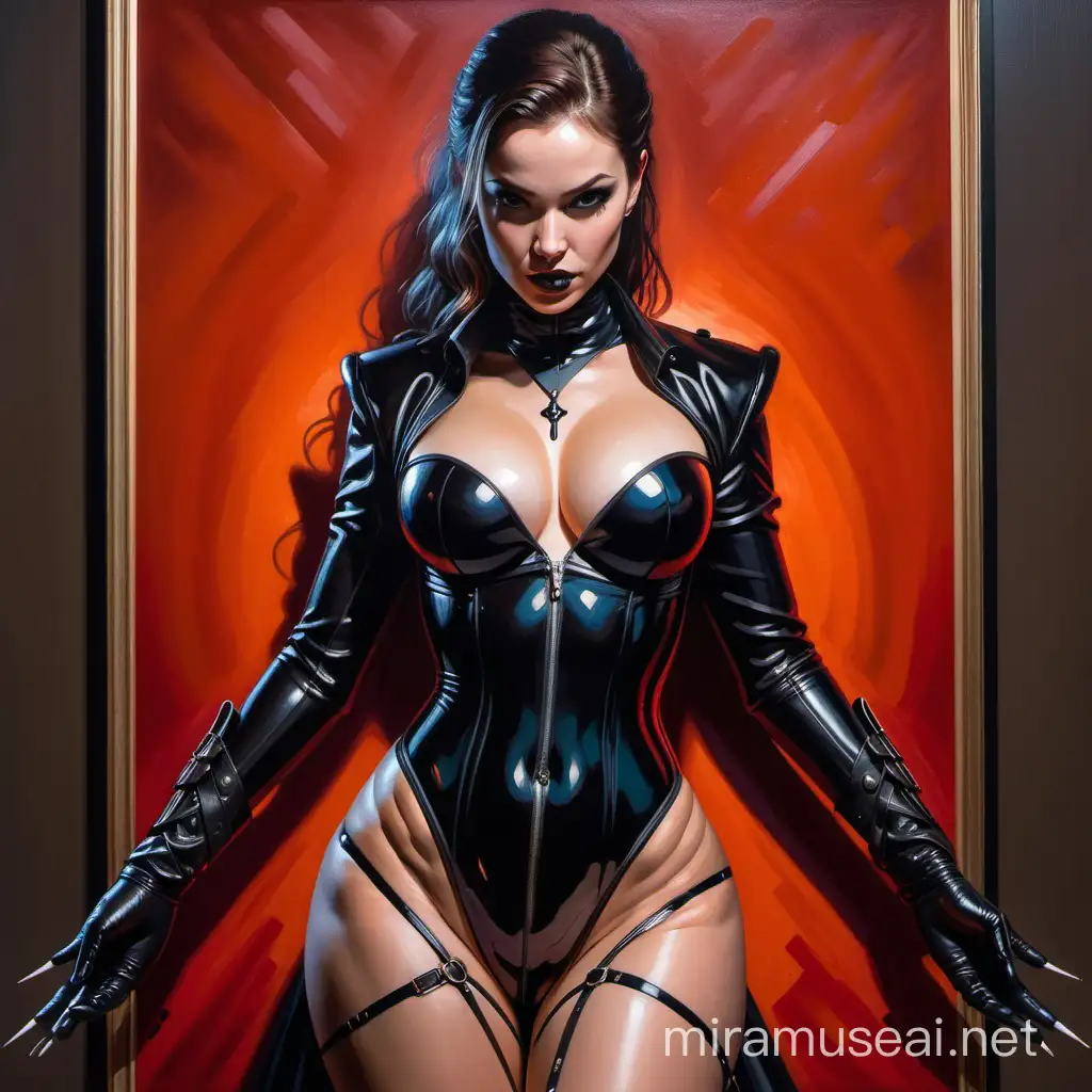 "Mistress Venom" is an extraordinary oil painting that masterfully intertwines dominatrix themes with an innovative use of the medium, showcasing the artist's adept skill and profound insight into the subject matter. The painting captures the essence of dominance and power through its central figure, portrayed with an intensity that is both captivating and thought-provoking.

The artist's choice of deep colors and heavy strokes creates a palpable atmosphere that envelops the viewer, drawing   dominatrix's world  paint dripping element of raw, unfiltered emotion, suggesting a release of power that is both controlled and uncontrollable. This technique not only enhances the visual impact of the piece but also deepens its thematic resonance, suggesting the fluidity and complexity of power dynamics.

The sharp quality of the painting is remarkable, with each detail meticulously rendered to create a lifelike presence. This hyper-realism is complemented by stunning cinematic lighting,   artist achieved through the brilliant use of Octane render not only illuminates the figure of the dominatrix, casting dramatic shadows and highlights, but also contributes to the overall mood, adding a layer of intensity   drama that is truly cinematic.

What sets "Mistress Venom" apart is its timeless quality.  painting,  contemporary in its execution and themes, possesses a classic elegance   transcends its era.  composition, coupled   award-winning execution garnered widespread acclaim, making it a viral and buzzworthy   elaborate details in the painting d the dominatrix's attire to the subtle  ces. It evokes a sense of energy and intensity that is both inspiring and challenging, prompting viewers to reflect on their own perceptions of power and control. The dominatrix, as depicted in this masterpiece, is not just a figure of  of empowerment, challenging traditional notions of submission  

 