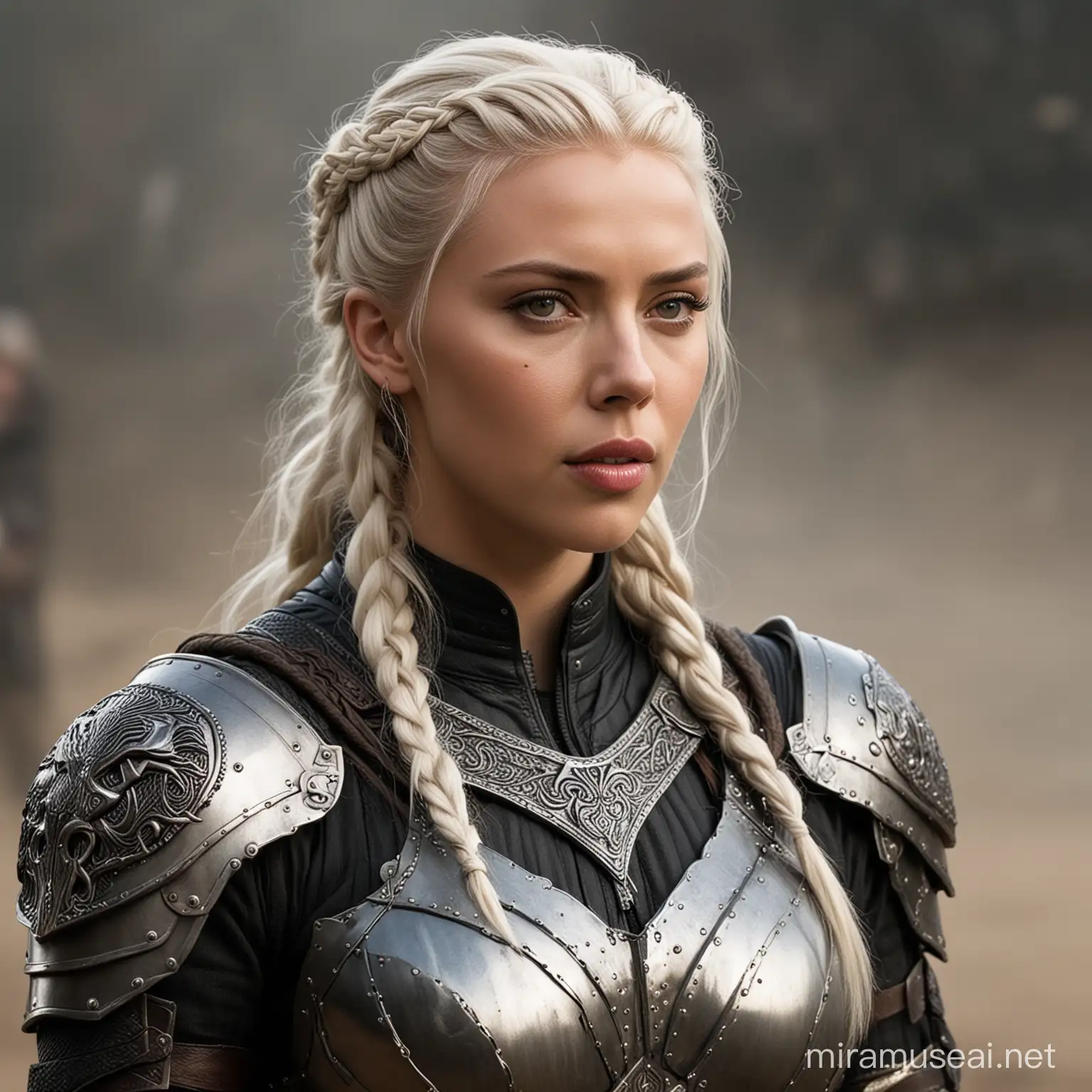 Scarlett Johansson as a targaryen knight, very muscular, looking masculine, with broad shoulders, with braided hair, with pure white hair