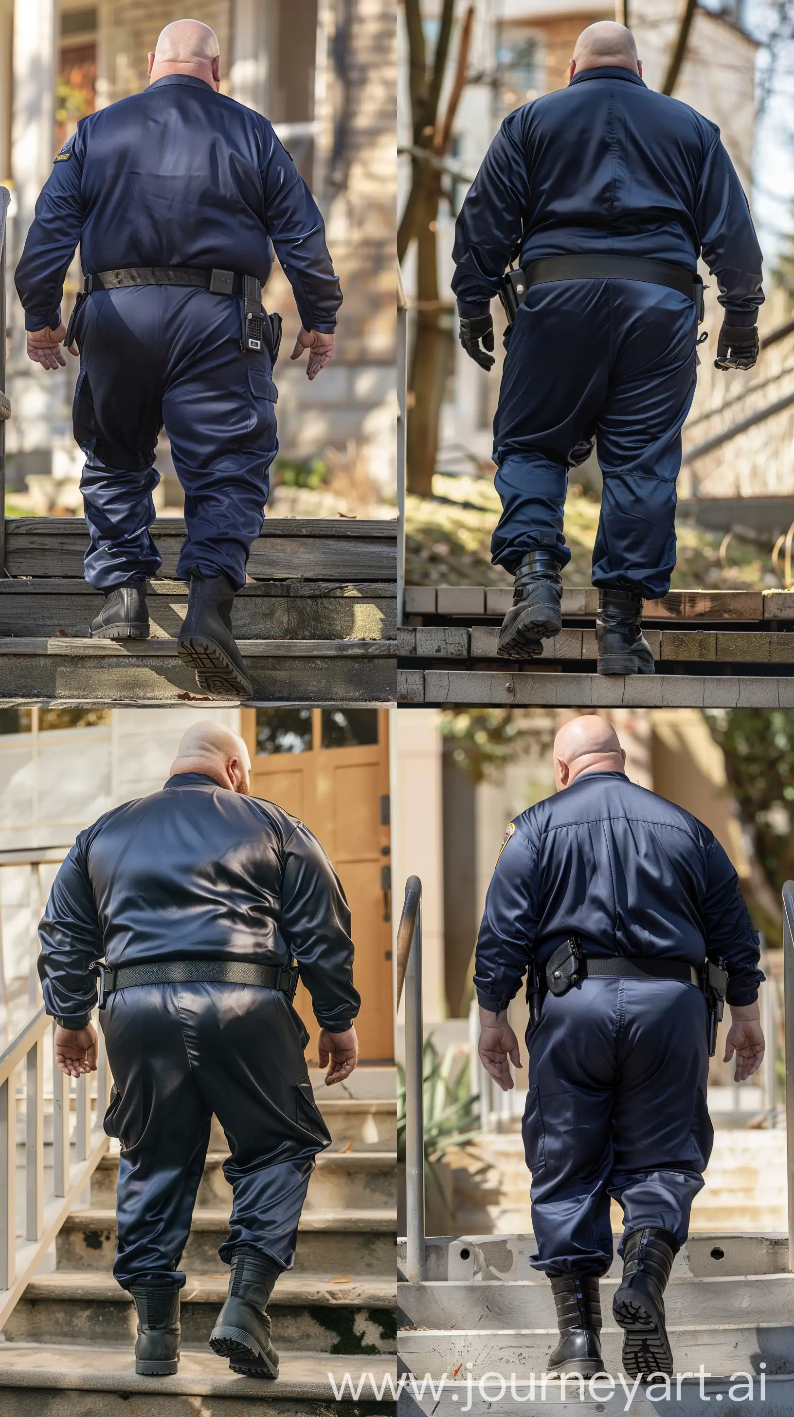 Back view Photo of a fat man aged 60 wearing a silk navy security guard skinny-fitted full coverall tucked in black tactical boots. Black tactical belt. Walking up stairs. Straight legs. Outside. Bald. Clean Shaven. Natural light. --ar 9:16