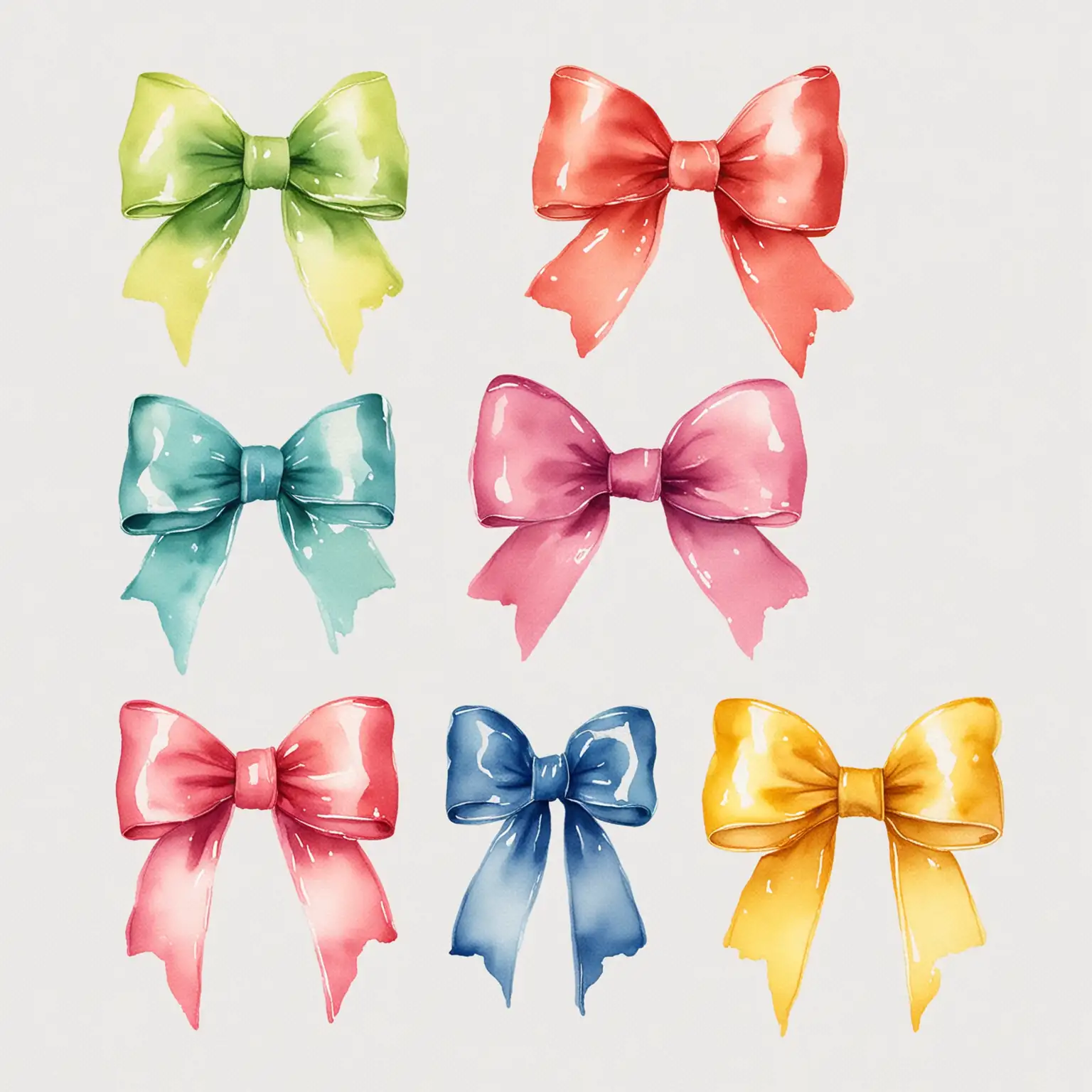 watercolour bow, clip art, isolated on white background, coloured bows in blue, red, green, pink, yellow, purple