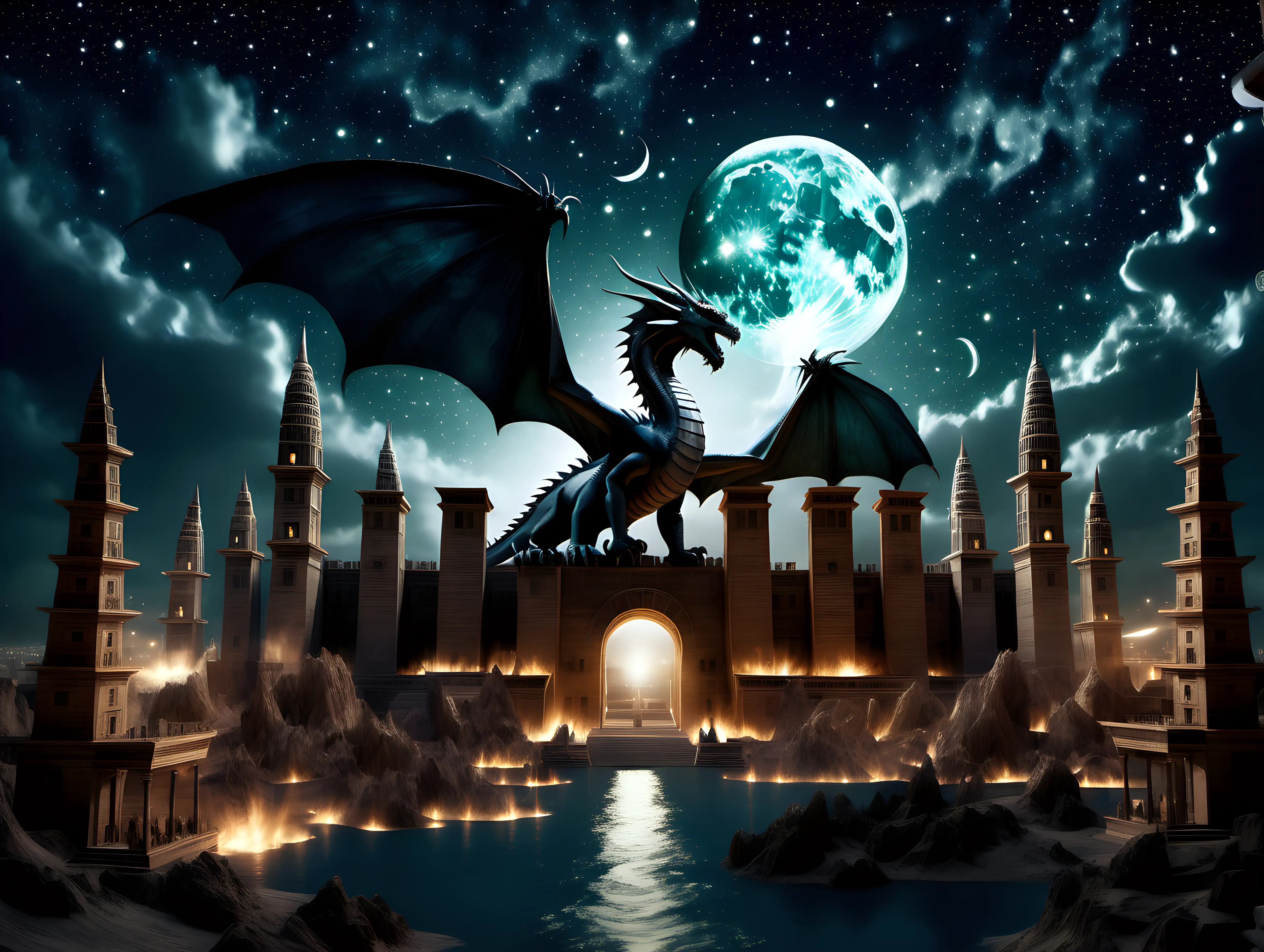 Age Of The Dragons in ancient Babylon at night with stars and moon