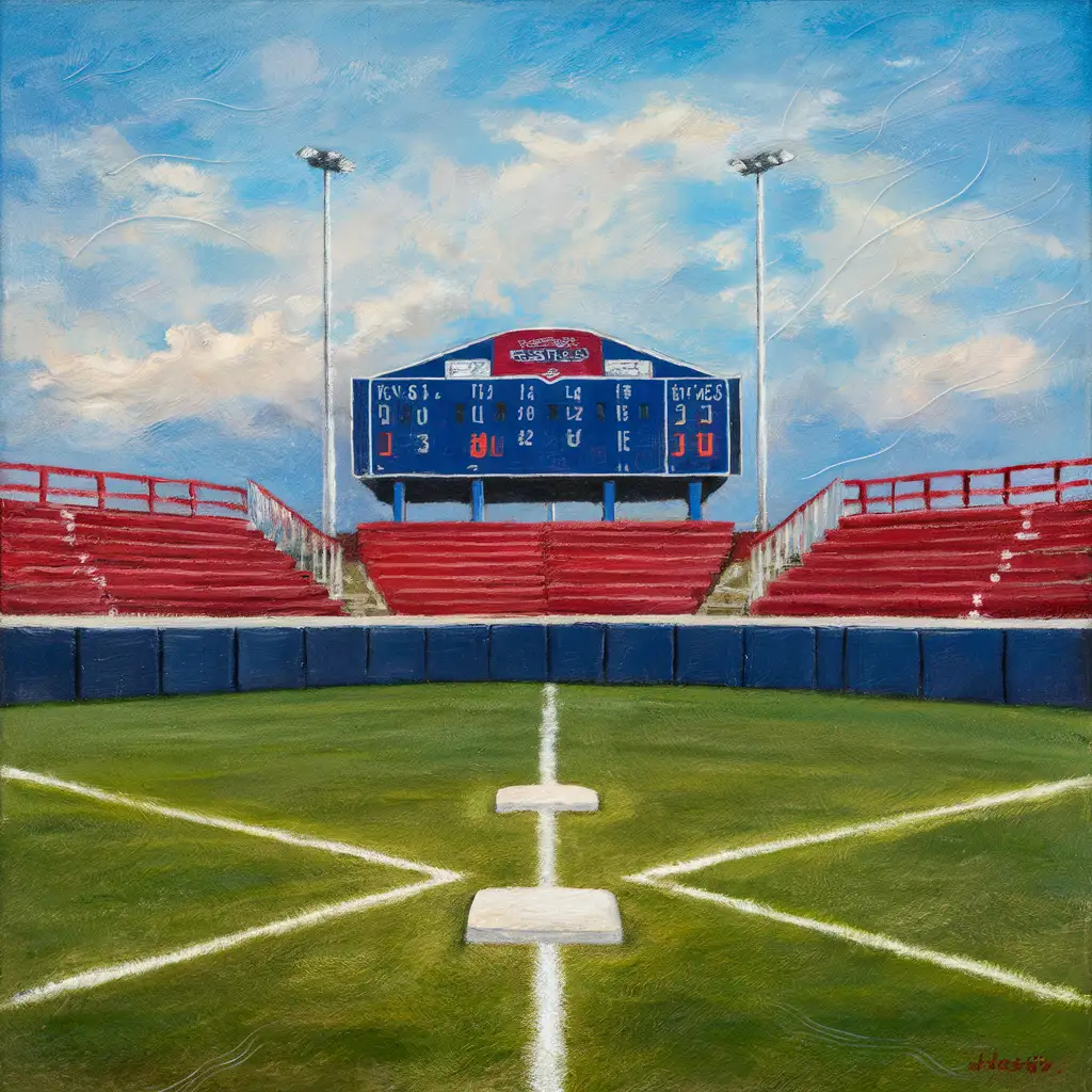baseball diamond with dreamy blue sky and scoreboard  | featuring red, blue and white color palette
