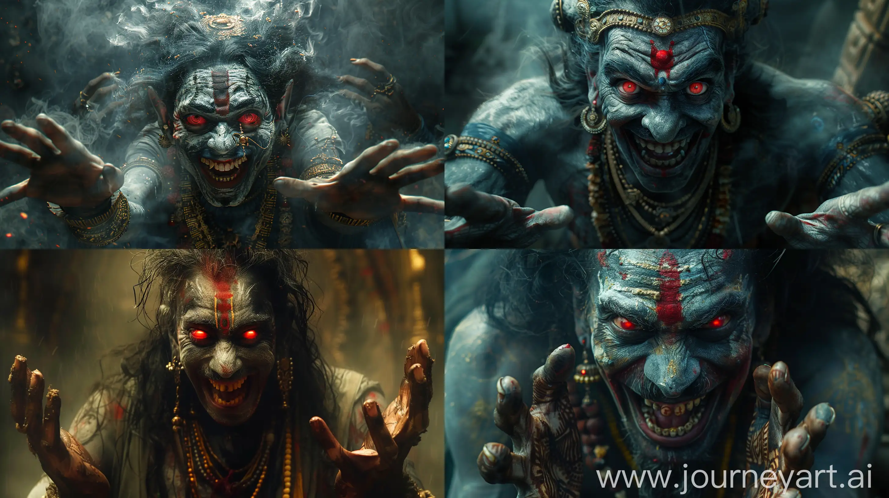 Cinematic, dark and gloomy depiction of an ancient Indian demon, red eyes ablaze with evil intent, twisted smile stretched across his face. He spreads his hands wide, his laughter echoing around him, infusing the image with a palpable sense of malignant arrogance --s 500 --ar 16:9 --v 6