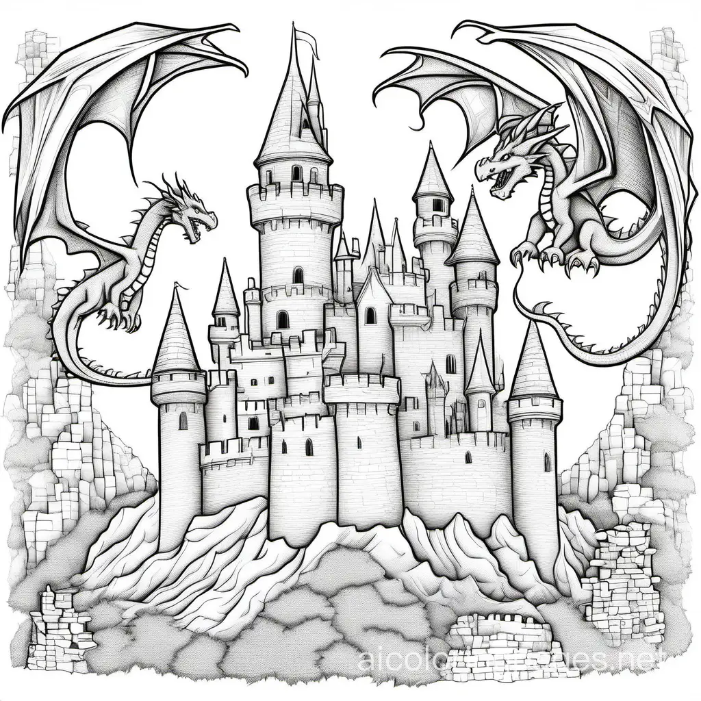 utopia, medieval dragon on castle, wizard, books, Coloring Page, black and white, line art, white background, Simplicity, Ample White Space. The background of the coloring page is plain white to make it easy for young children to color within the lines. The outlines of all the subjects are easy to distinguish, making it simple for kids to color without too much difficulty