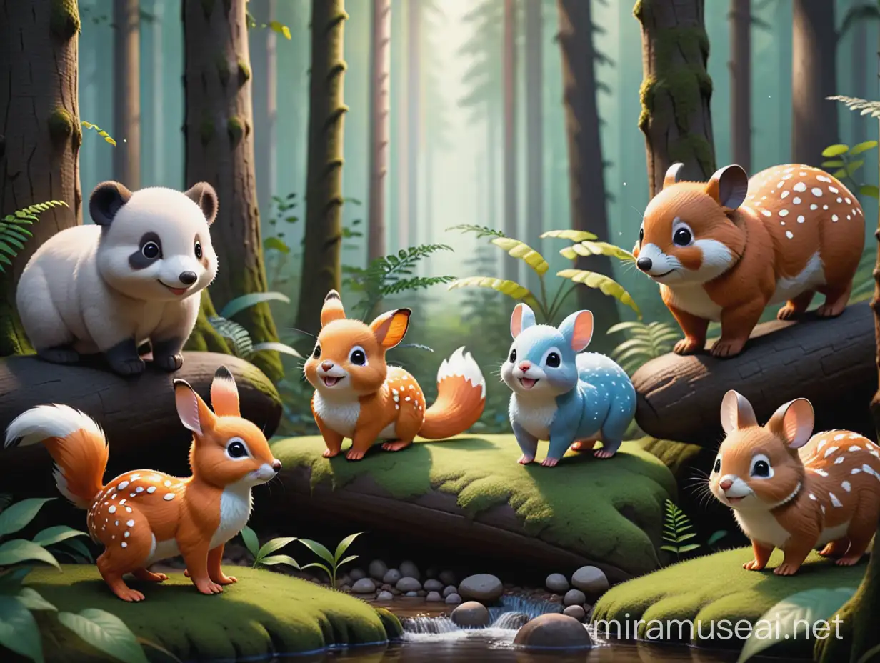 In the distant forest, there lives a group of happy little animals.