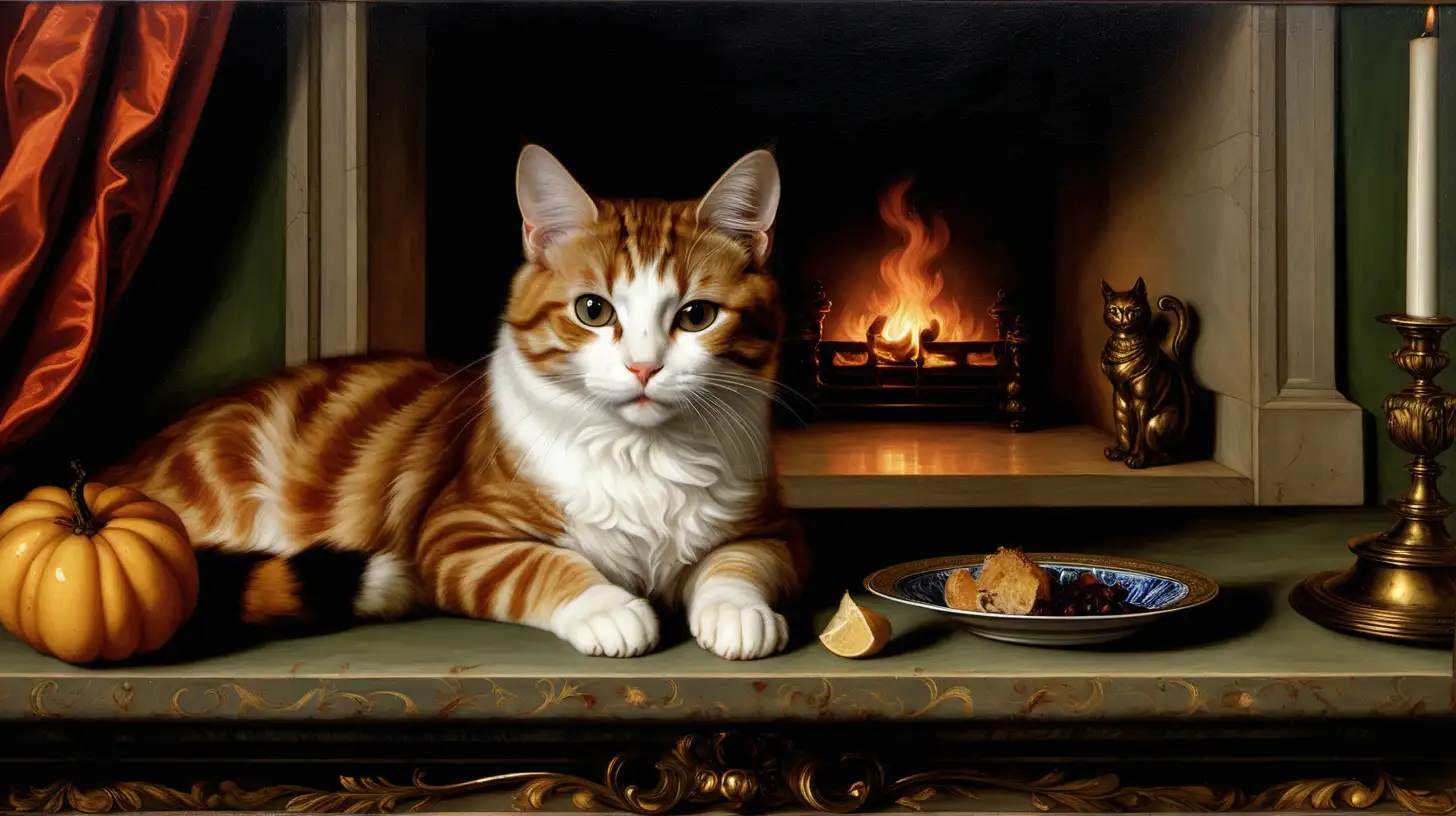 Renaissance Style Painting Elegant Cat by the Fireplace