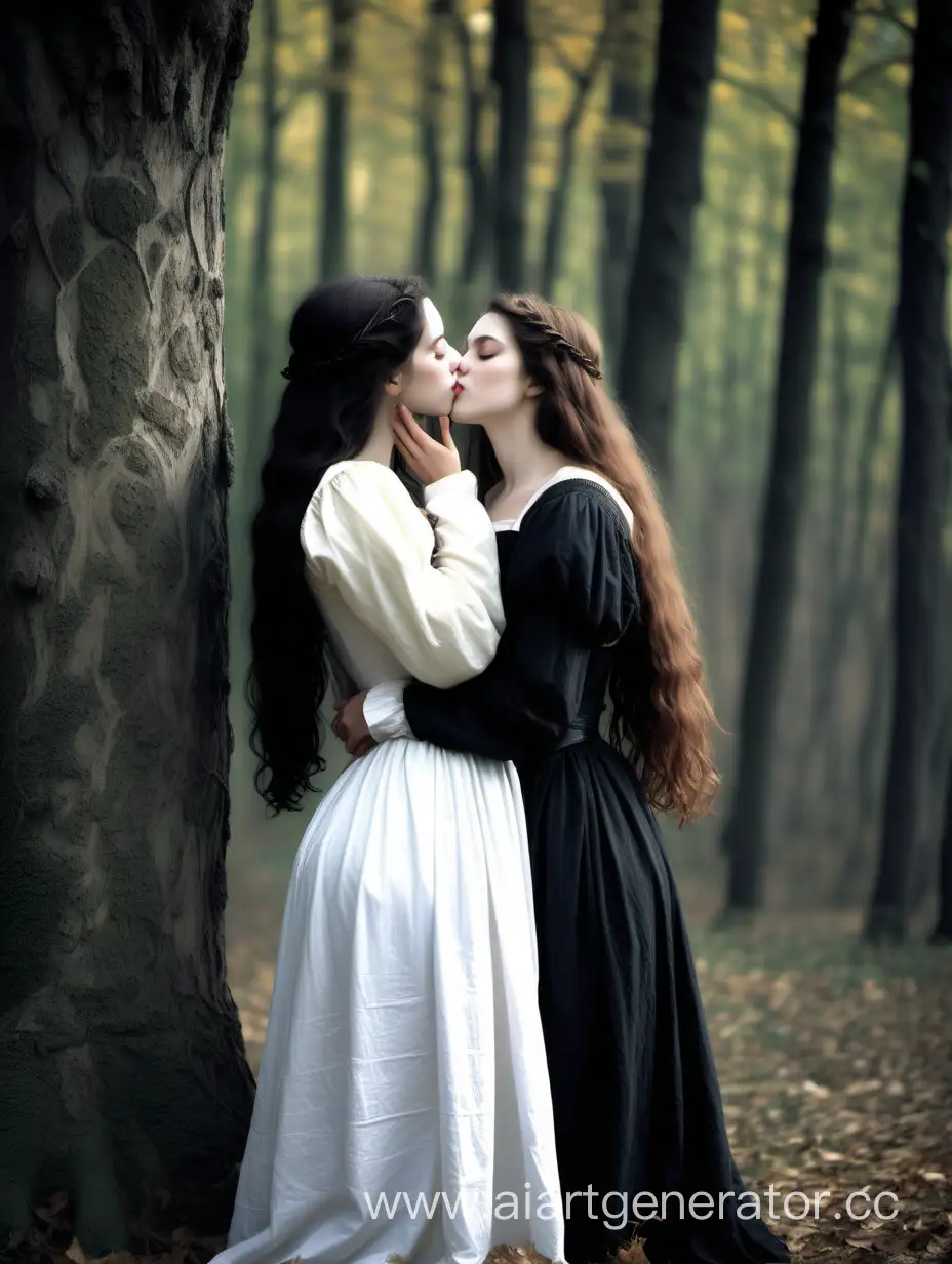 Affectionate-Medieval-Sisters-Embracing-in-Forest