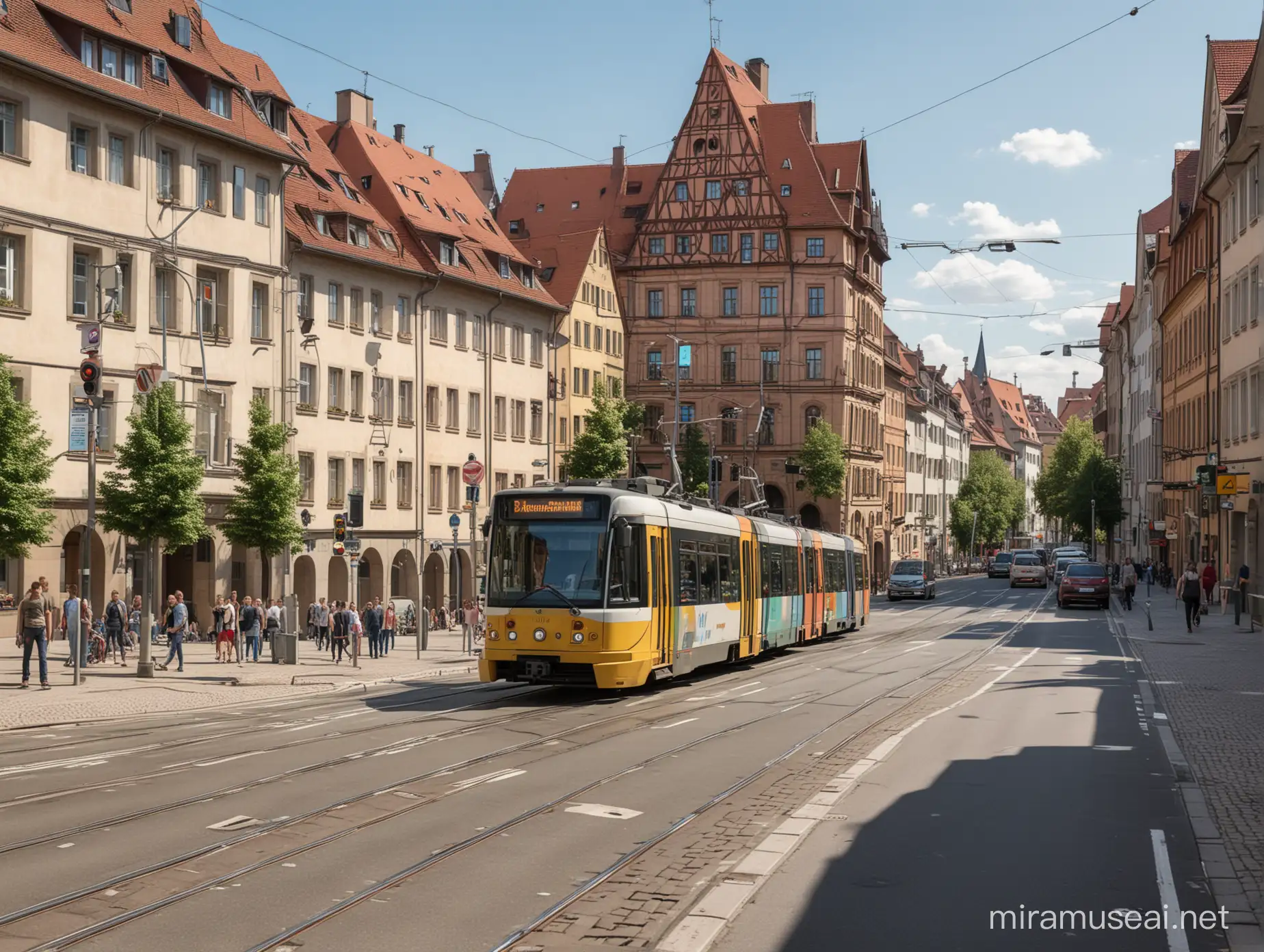 Comic Style Nuremberg Street Scene with Tram and Waiting Cars