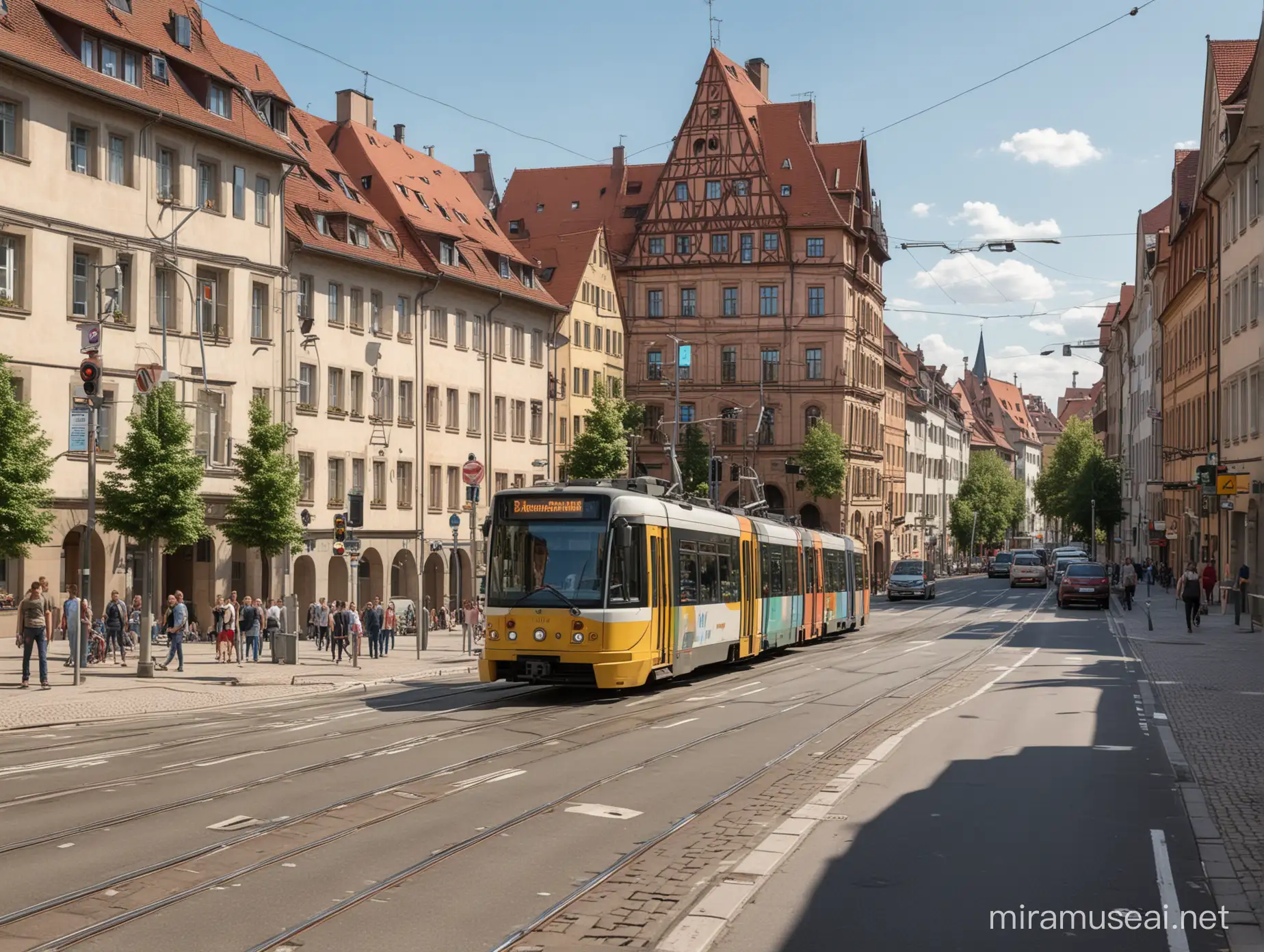 im comic stil, straßenverkehr in nürnberg, im hintergrund mehrfamilienhäuser vor denen eine straßenbahn fährt, im vordergrund eine kreuzung mit ampeln, an denen wartende autos und fußgänger stehen