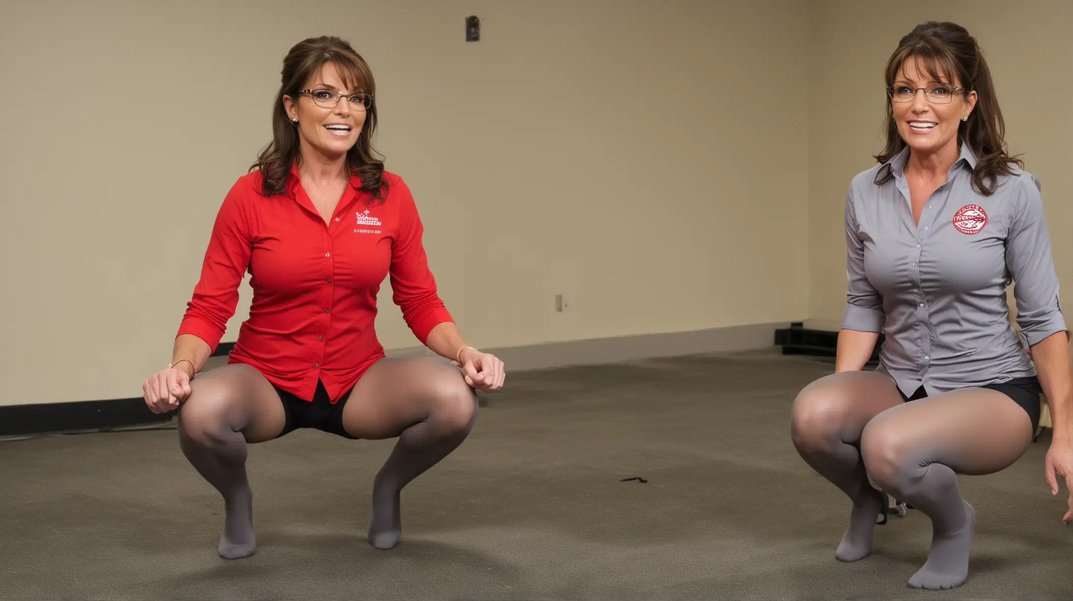 Sarah Palin and Lauren Boebert, both wearing untucked stretch red button down shirts, no pants, with gray pantyhose, squatting down in exercise class.