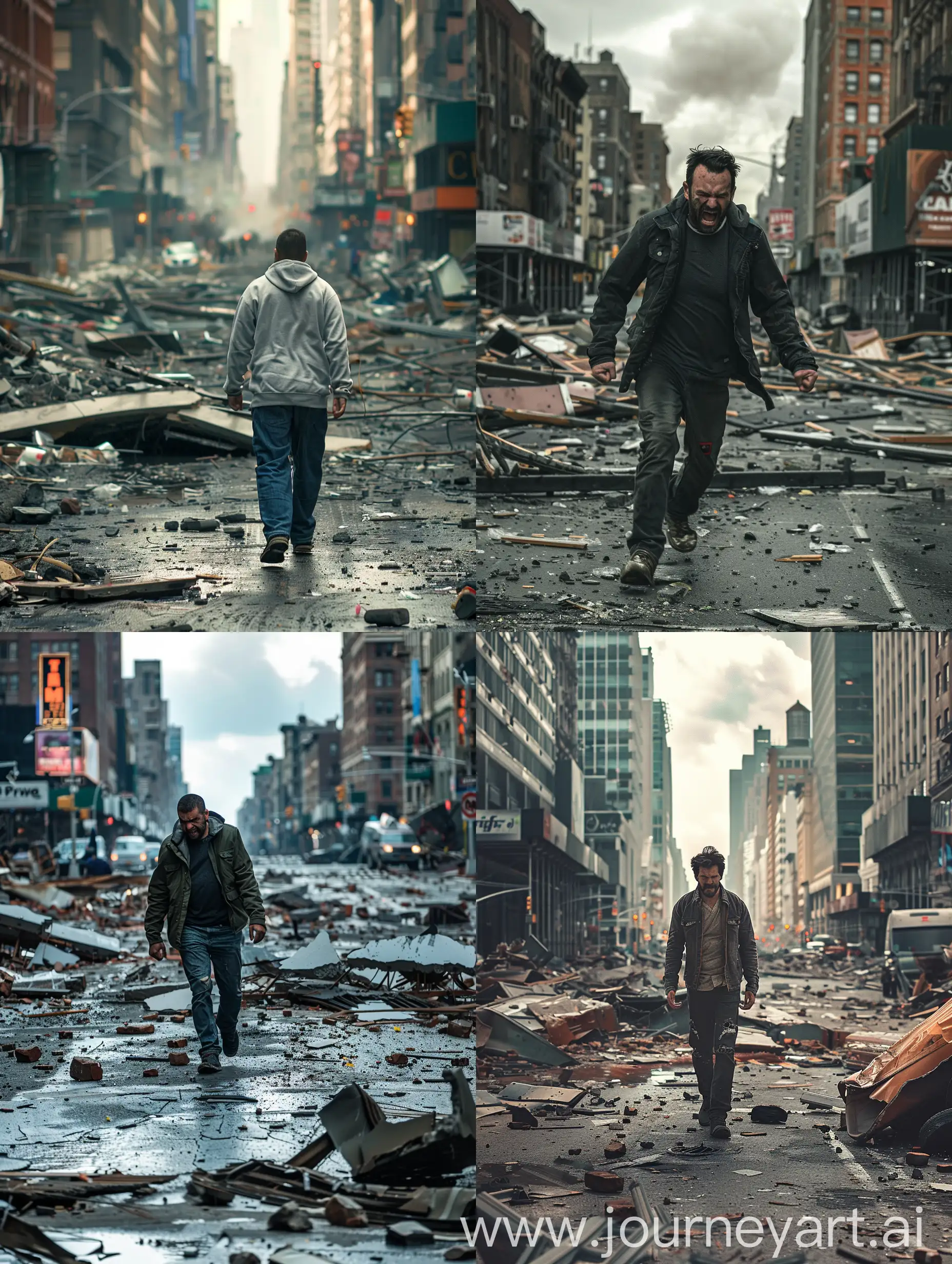 Man walking through a destroyed New York City street in anger and aggressively. ((FULL BODY IMAGE))