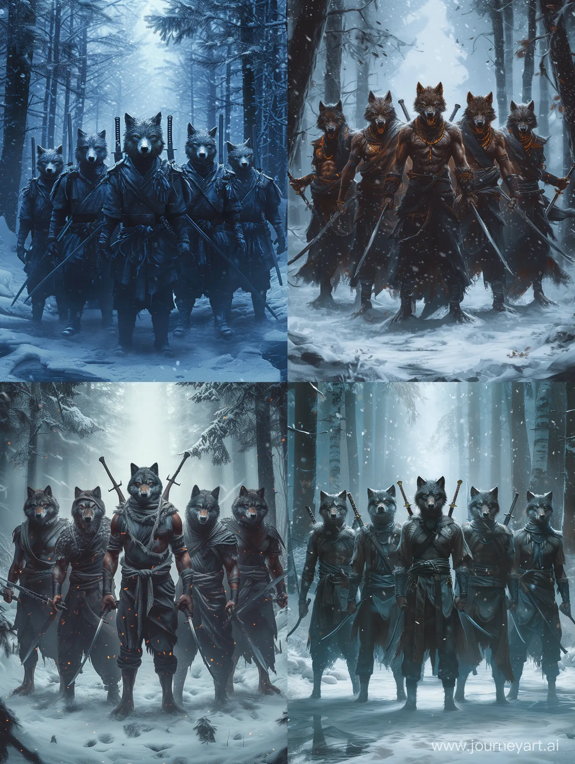 six warriors with wolf's head and human body,The leader of the wolves in the middle,two swords on his back,empty hands,in snowy forest,fierce,Detailed clothing.incredible detail,dark light,terrifying.