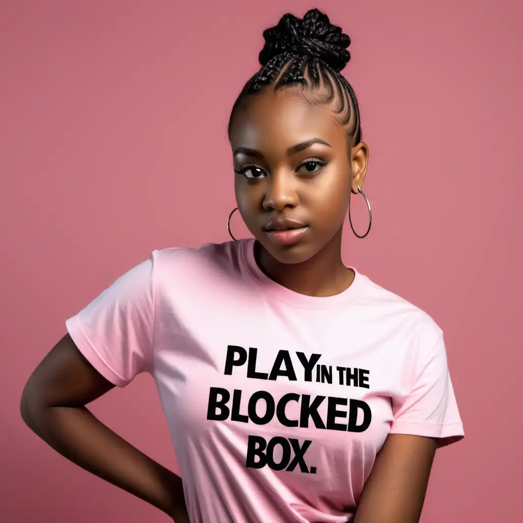 modern Young Black woman with with corn rows in her hair in pastel pink  t-shirt with the words "Play in the Blocked Box"  on her shirt in a fashionable way. Make sure each word in quotes is on her shirt design. Make sure that the words on the shirt are complete and spelled correctly. She should be posing to show off the words on the shirt.
