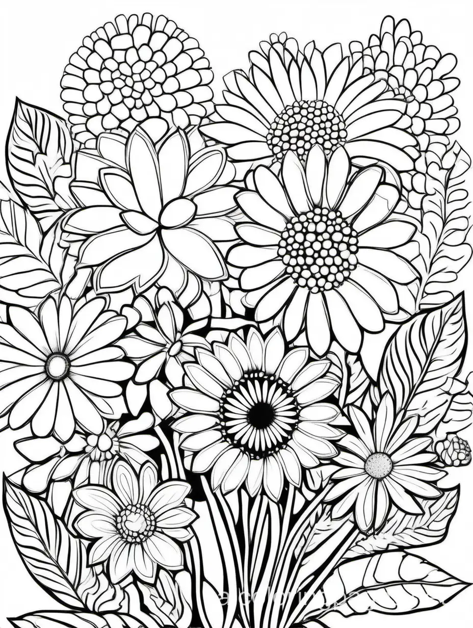 Mindfulness colouring page nature flowers bouquets , Coloring Page, black and white, line art, white background, Simplicity, Ample White Space. The background of the coloring page is plain white to make it easy for young children to color within the lines. The outlines of all the subjects are easy to distinguish, making it simple for kids to color without too much difficulty