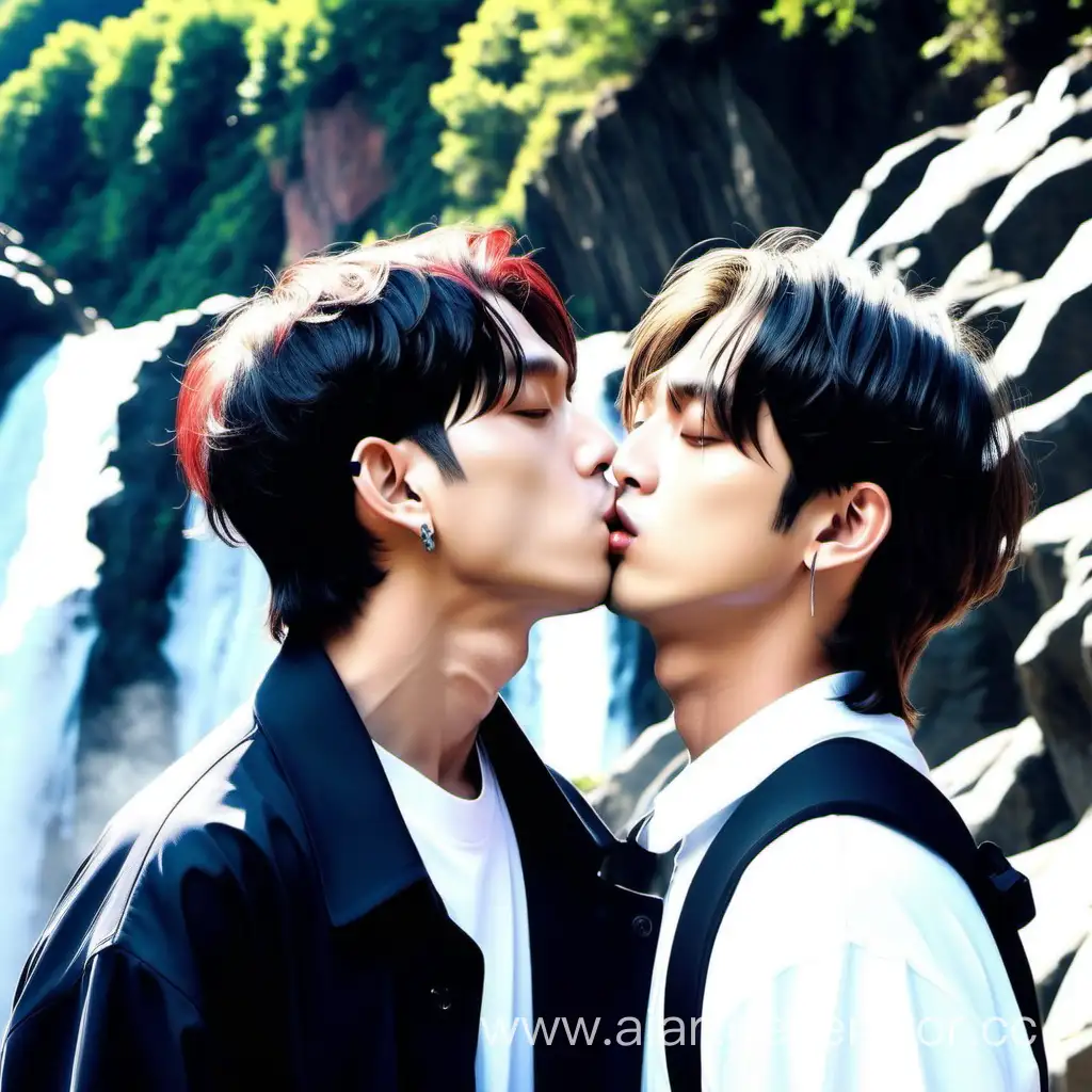 Jungkook kisses Kim Taehyung on the lips, it happens near the waterfall La Alegría during the day