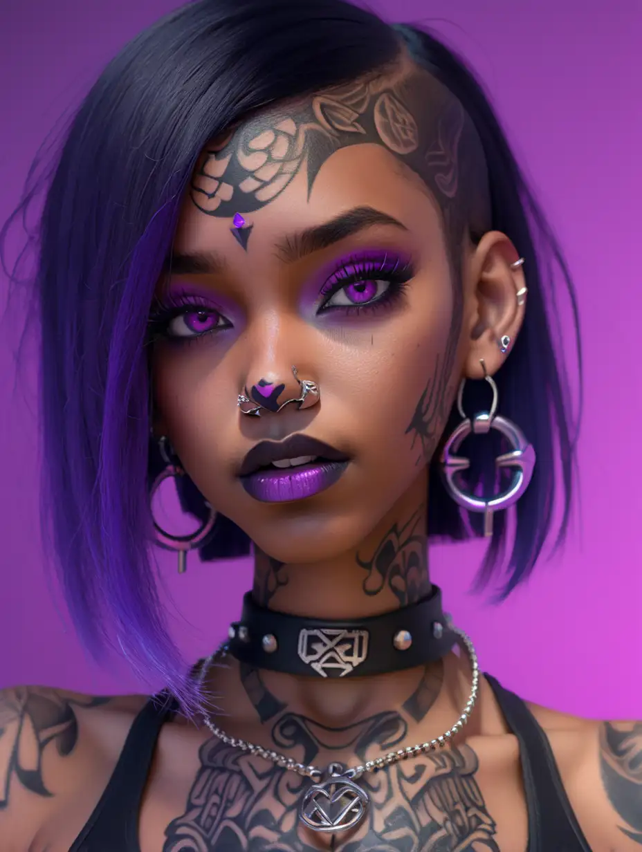 very hot pulchritudinous goth girl. dark skin. face full of piercings. multiple lip piercings. nose piercings. brow piercings. tongue piercings. protracted luxurious neon black/purple hair. tattoos. Ultra high definition. ultra realistic 3d blender cinematic sfm textures. portait. close up. zoom in. face focus