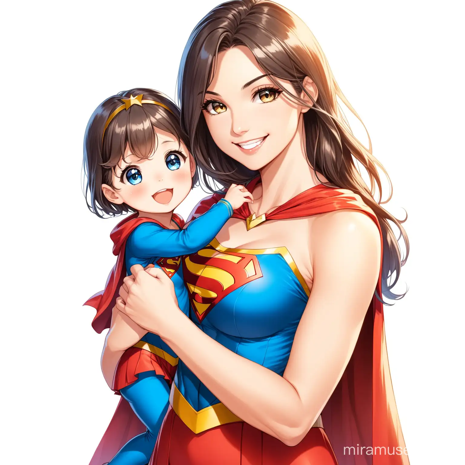 super girl together with her daughter happy and smiling on a white background
