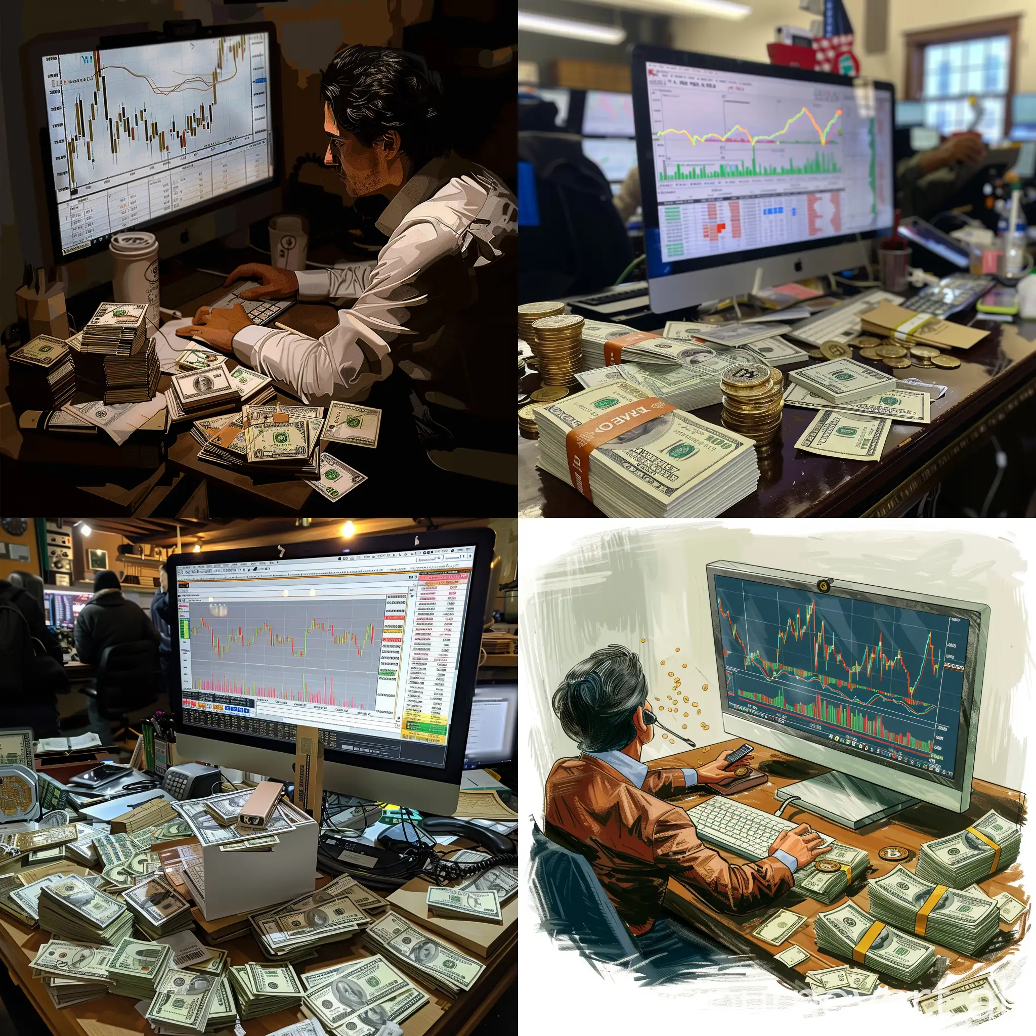 Draw a cryptocurrency trader at a computer with a big screen with charts on it, with stacks of money lying around, in excellent quality realistic photo taken on an iPhone.