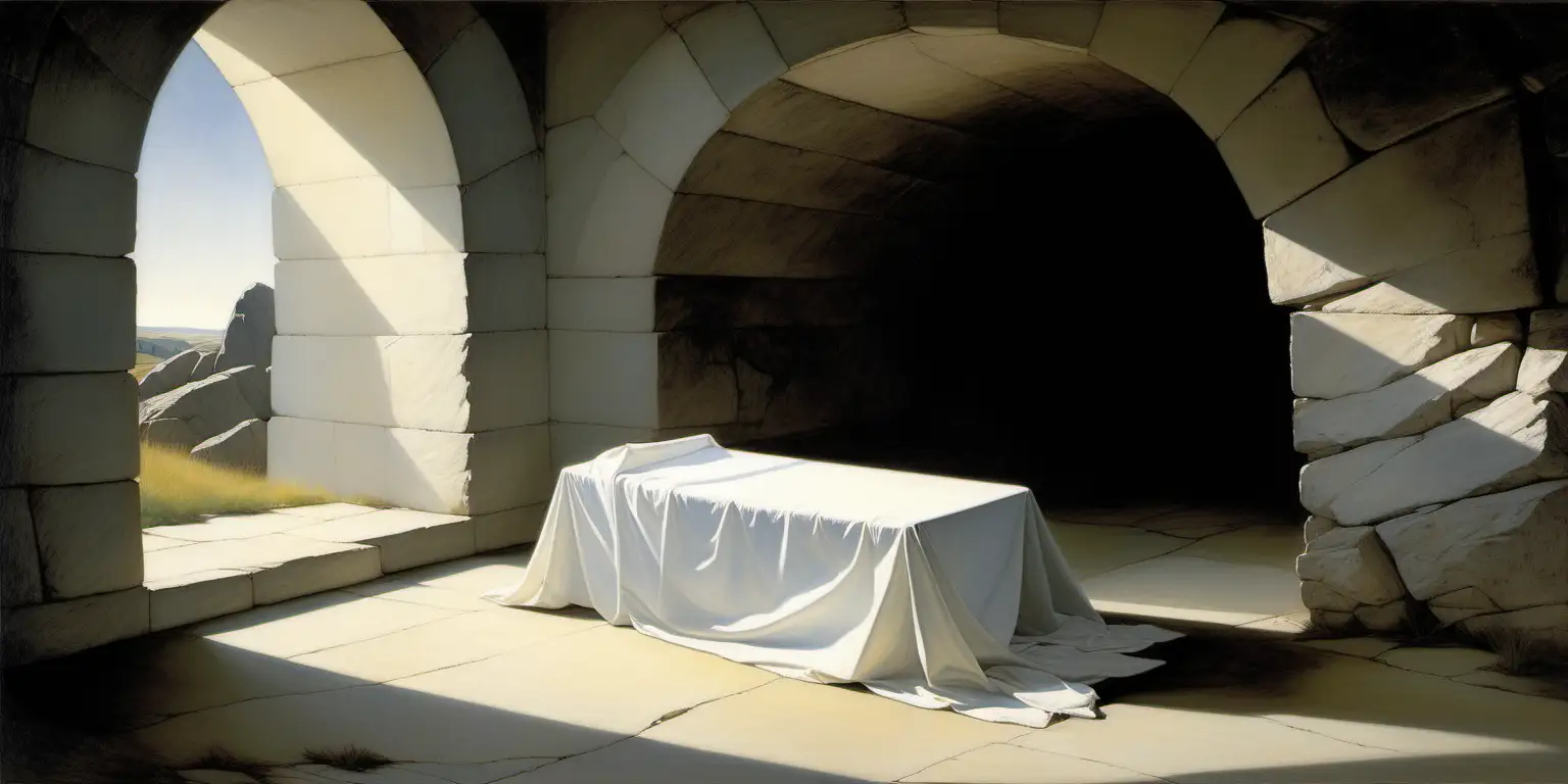 Sunlit Empty Tomb with Draped Sheet Andrew Wyeth Style Painting
