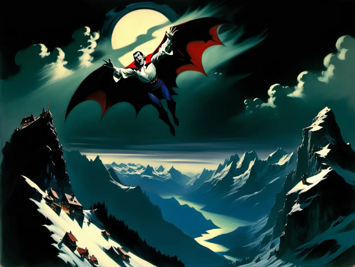 Dracula flying over the Swiss Alps at night 
Frank Frazetta style