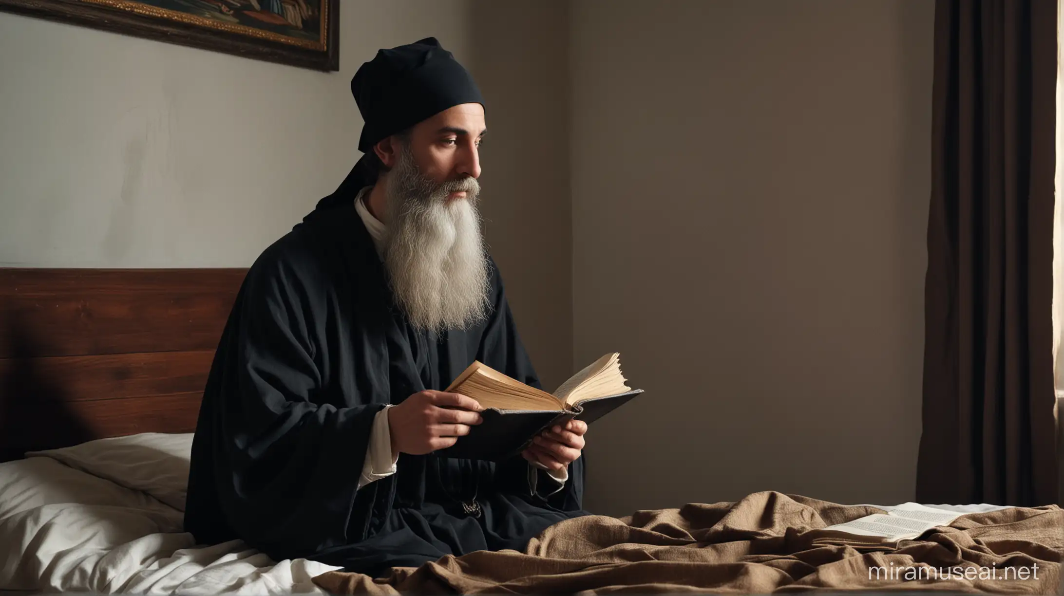 Saint Cosmas of Aetolia, young man with long  beard of short stature, the clothing is black and similar to that of a Greek Orthodox monk, 18th century, Greece, Saint Cosmas is reading a book in his beedroom of Athos monastery, profile, historical hyperrealistic cinematography