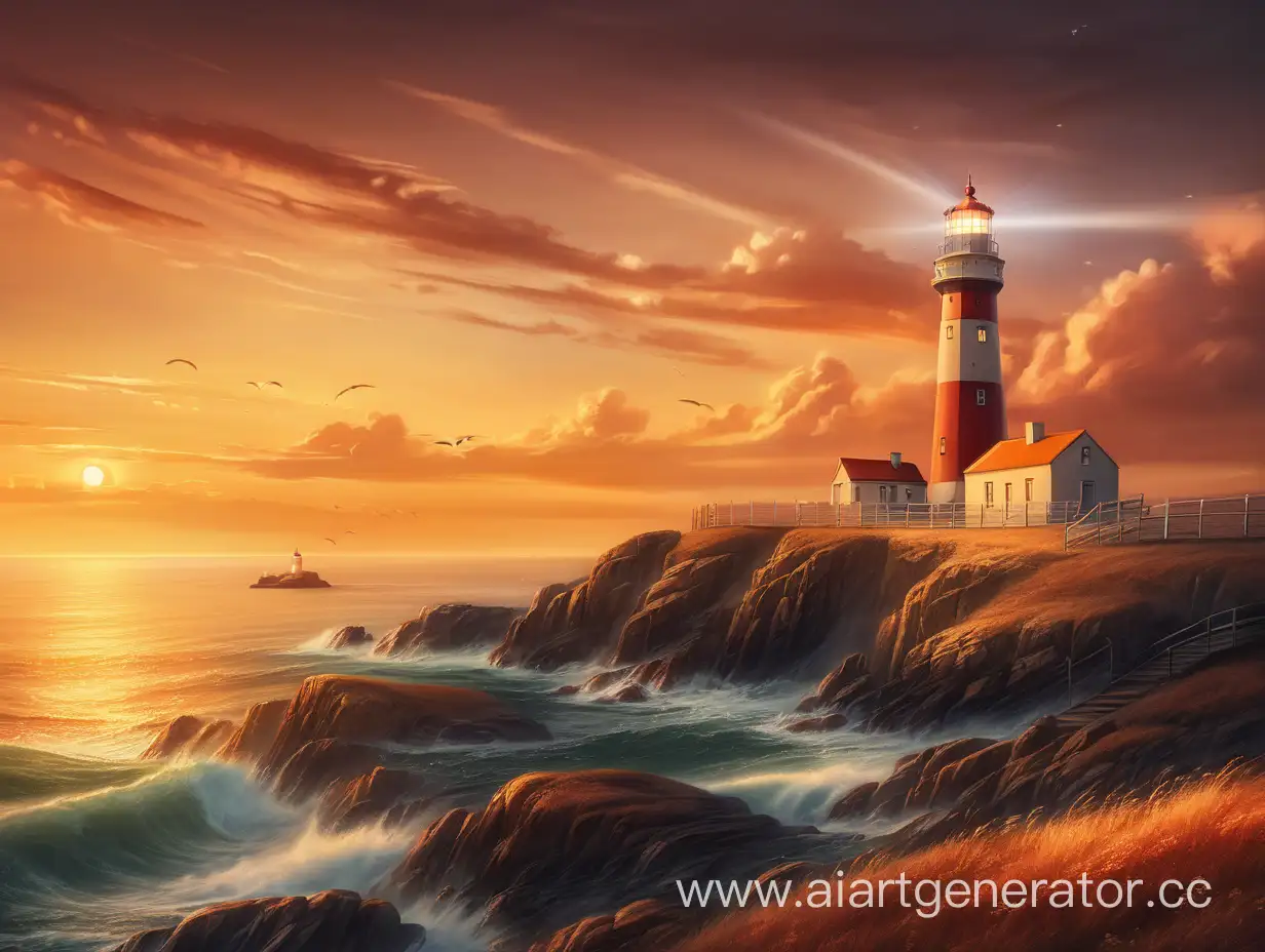 The glowing lighthouse with a beautiful landscape, warm colors