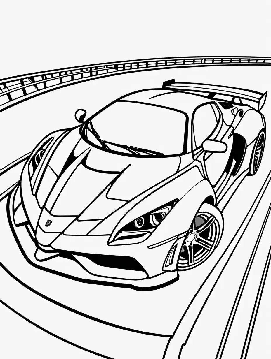 Coloring page for kids, sport car with spoiler, the car is on a car track, black lines white background 