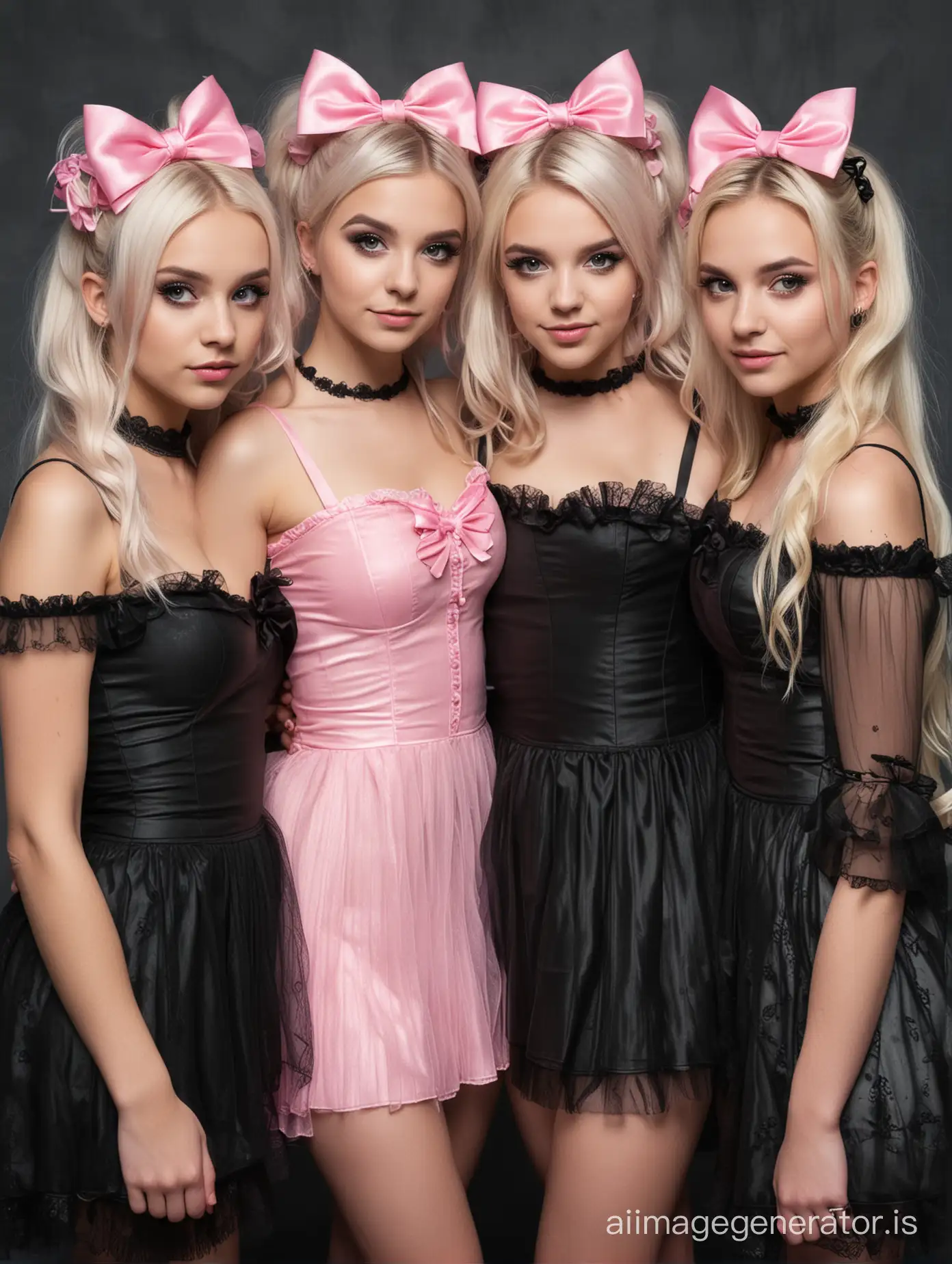 Group picture of 4 girls. 3 blonde girls and one black haired girl.
3 blonde bridesmaids wearing cute pink outfits with pink bows in their hair
1 mysterious goth girl wearing black revealing sheer clothing, nothing in her black/blue hair