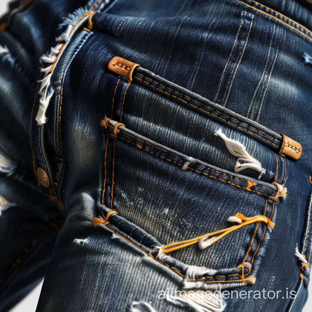 Detailed shot of Dark Blue worn-out jeans with distressed areas and contrast stitching compliment with Dutch angle view.