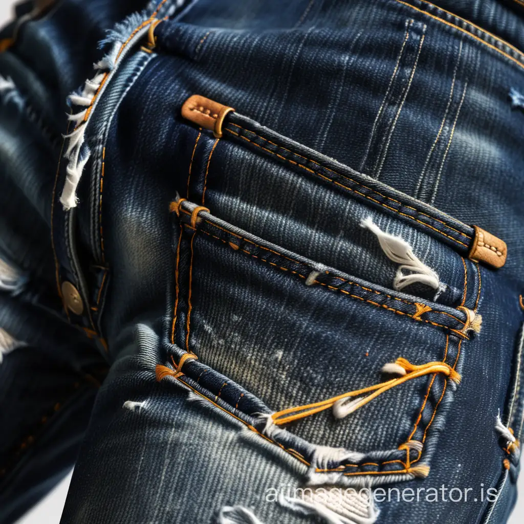 Detailed shot of Dark Blue worn-out jeans with distressed areas and contrast stitching compliment with Dutch angle view.

