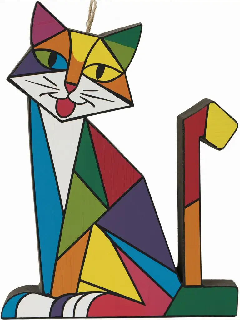 Cubism Cat Wooden Decoration Vibrant Multicolor Artistic Piece