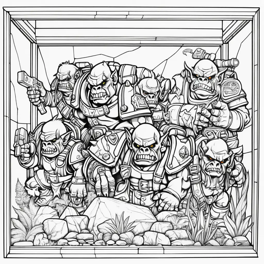 orks

 in terrarium 

 inside, coloring book, back and white, no gray scale, clear, -- ar 9:11