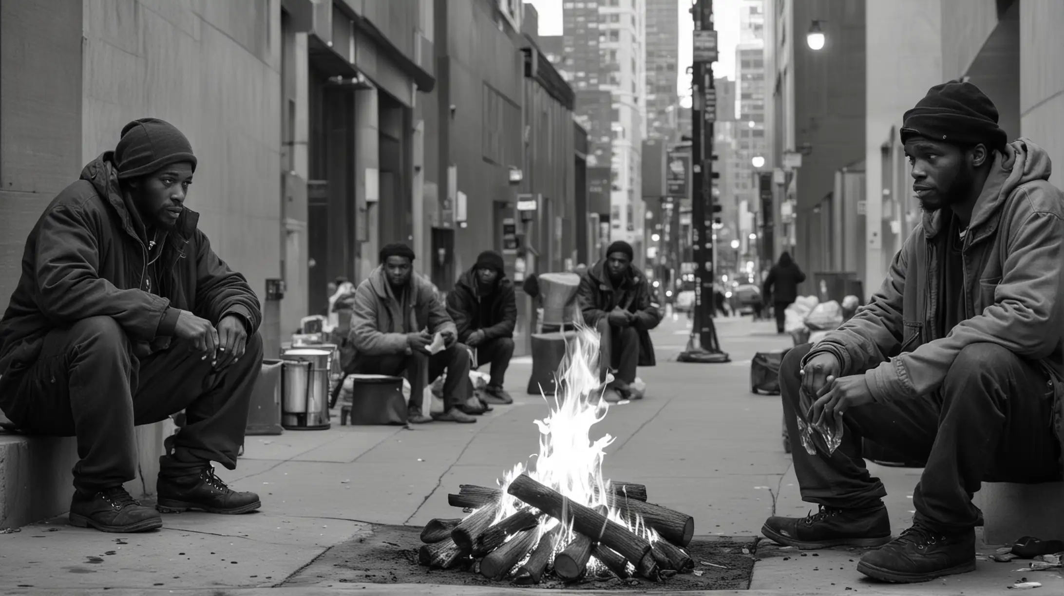 Urban Scene Black Homeless Men Sitting Around Fire in Downtown Street