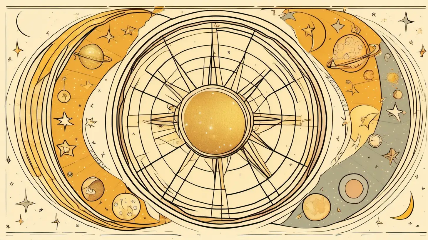 astrological wheel with love letter clipart ,, loose lines, muted colors,  , mercury, moon, planets, mustard